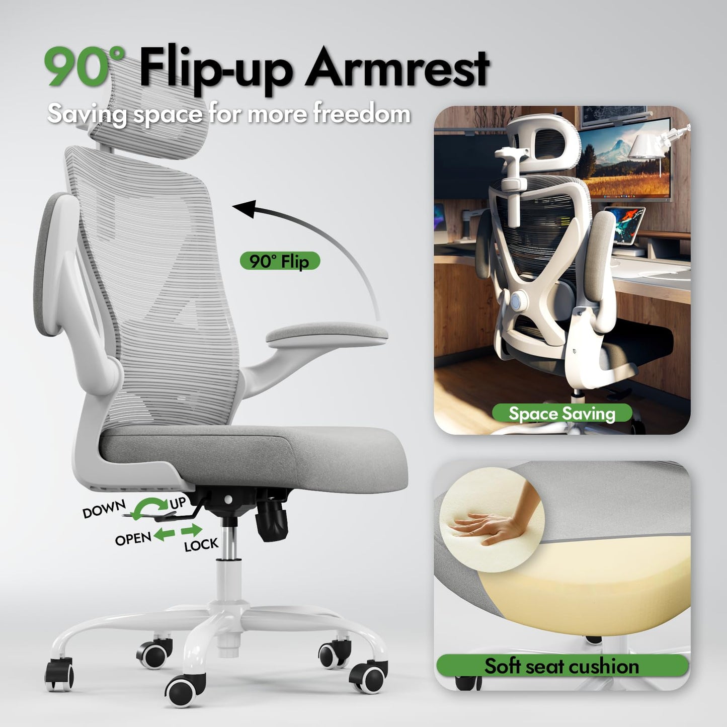 TRALT Ergonomischer Bürostuhl - X-förmiger bequemer Computer-Bürostuhl, Gaming-Stuhl, Bürostuhl mit Lendenwirbelstütze, Netz-Bürostuhl mit Kopfstütze (Grau-Silber)