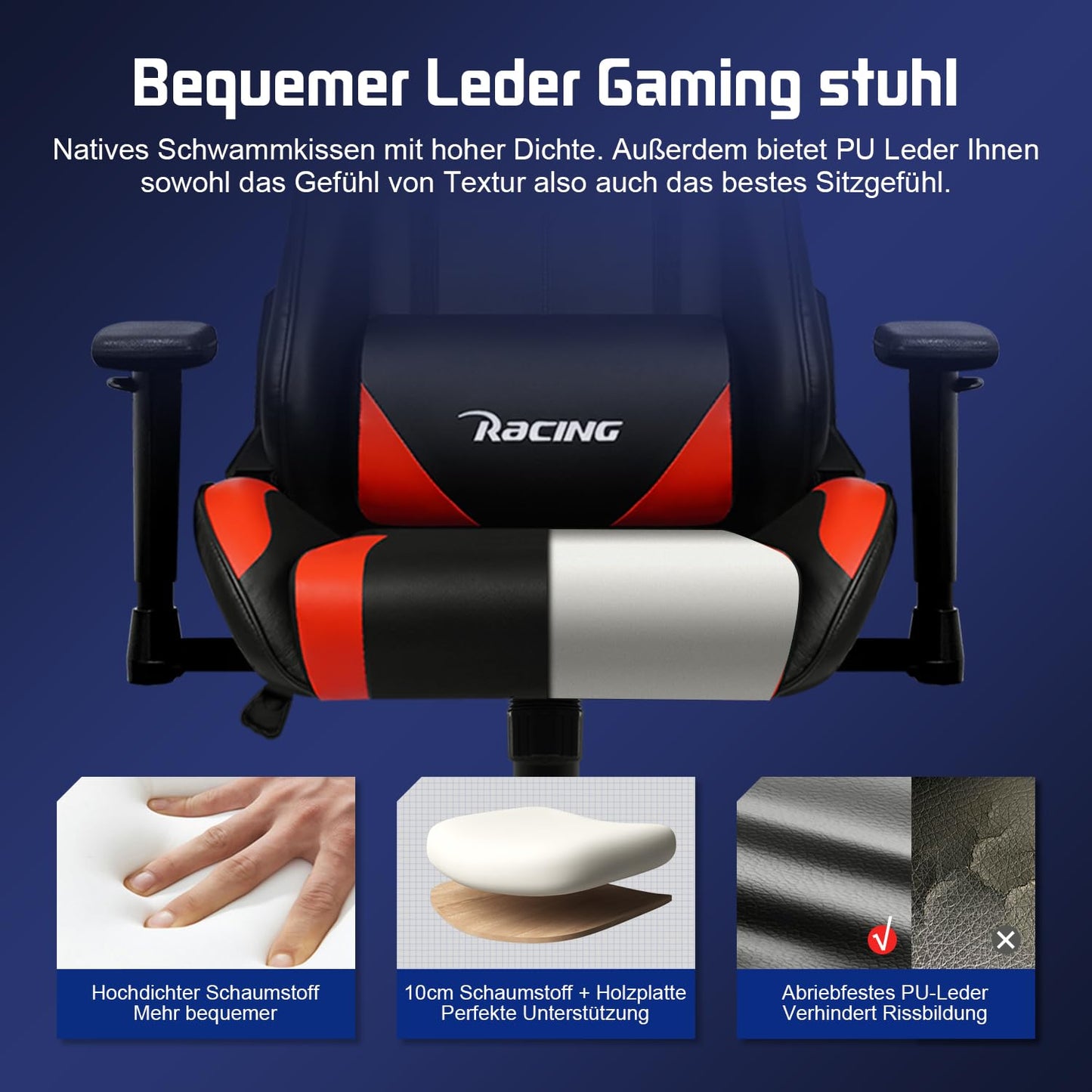 Homimaster Gaming Chair, Ergonomic Office Chair with Adjustable Lumbar Cushion, Head Cushion and Armrests, Padded Gaming Chair, Gamer Chair with Rocking Function, Gaming Chair 150 kg Load Capacity