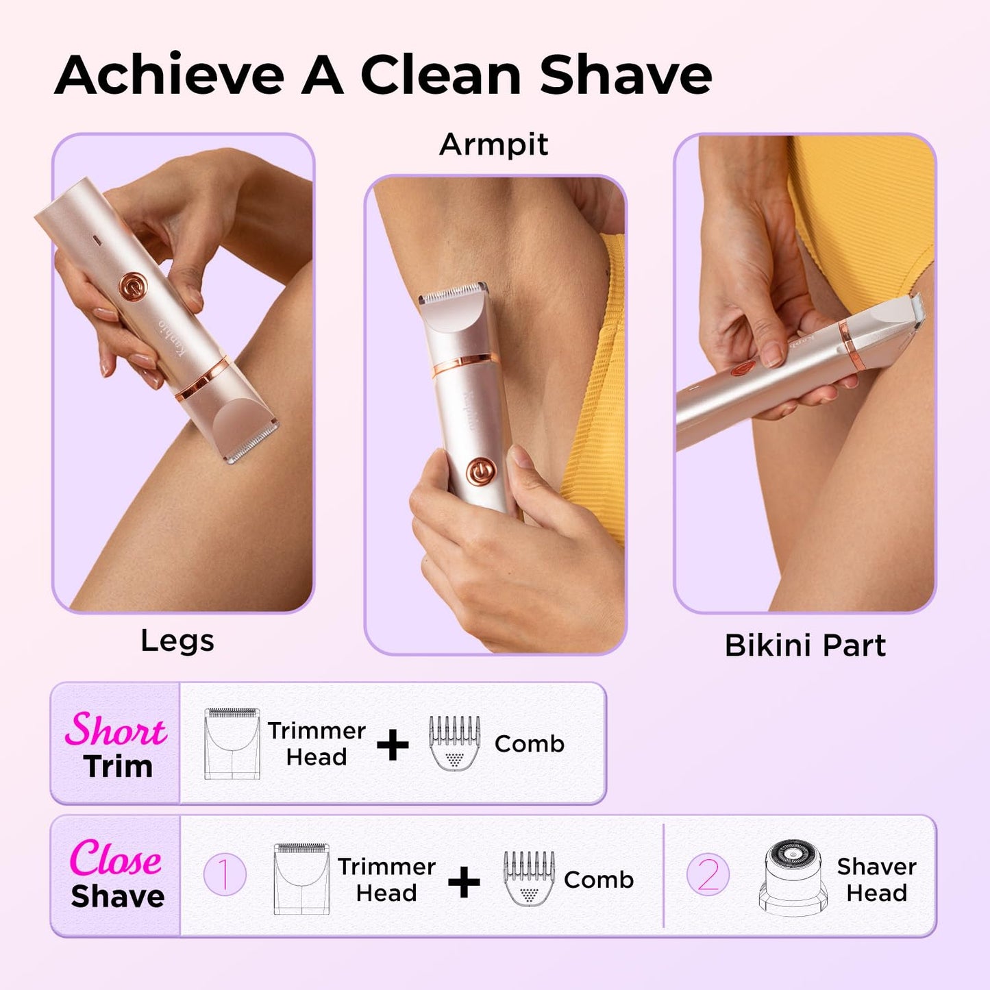 Bikini Trimmer für Frauen Schamhaare 2 in 1 Eletctric Rasierer für Frauen Wiederaufladbarer Eletctric Rasierer für Frauen IPX7 Wasserdicht Bikini Trimmer für Achselbein Arm Körper Gesicht (Roségold)