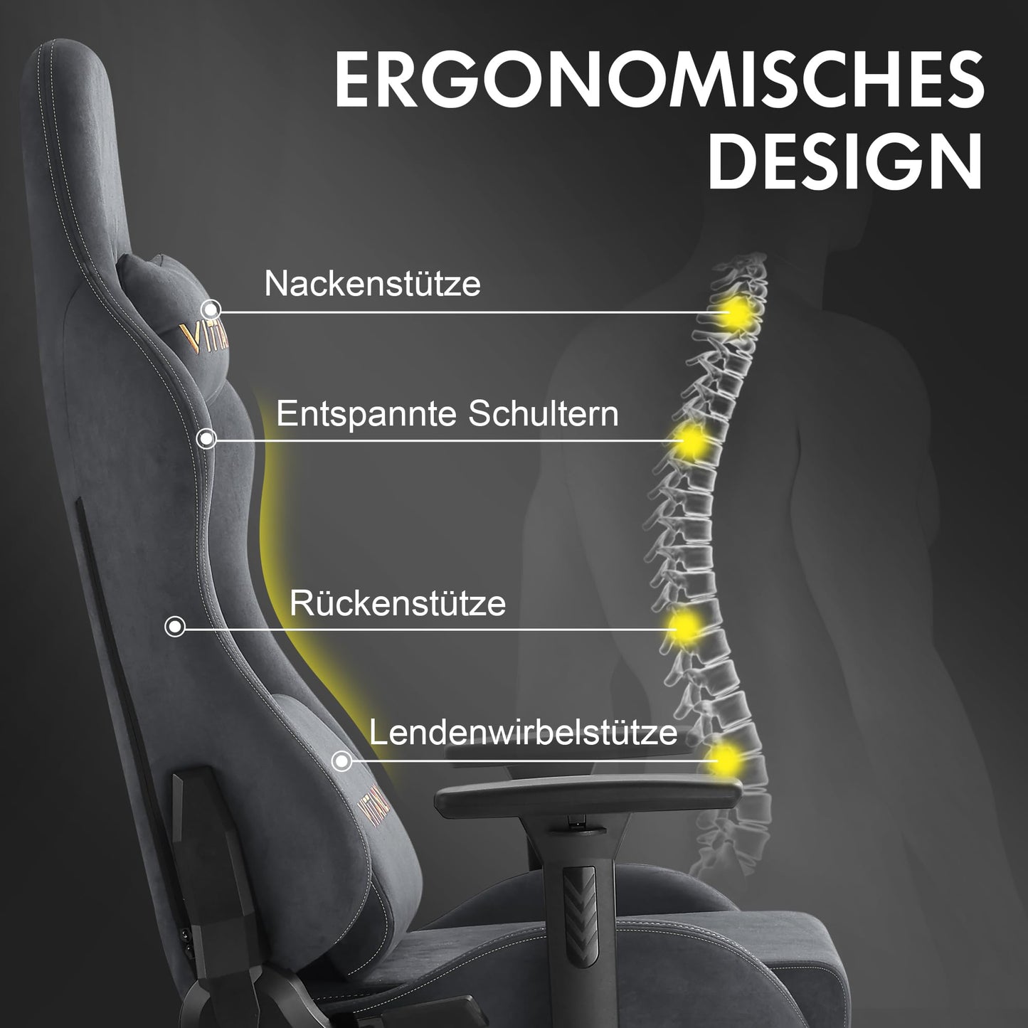 Vittanly Gaming Chair, Luxurious Breathable Imitation Suede Office Chair Gaming Chair, Ergonomic Gamer Chair with Footrest Headrest and Lumbar Cushion, 3D Armrests, 90-155° Backrest, Gray