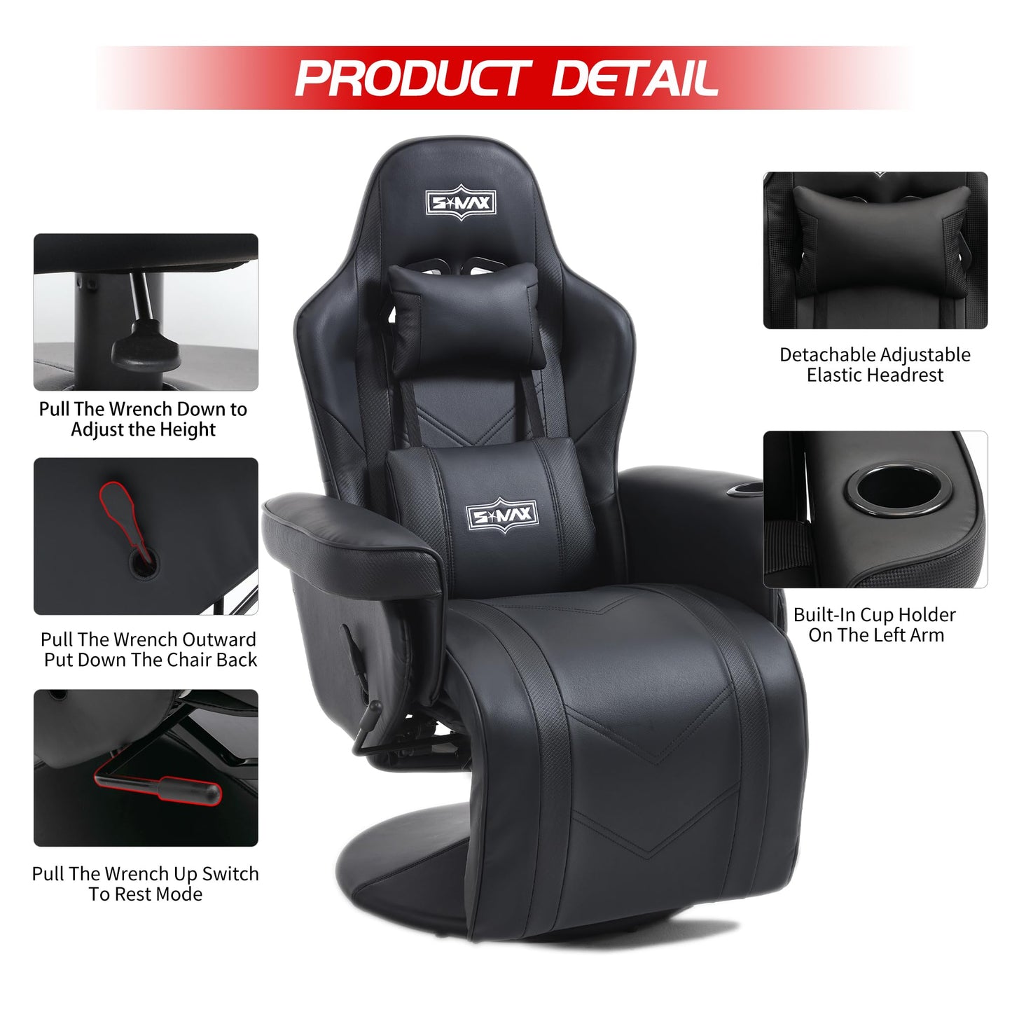S*MAX Gaming Stuhl mit Fußstütze Gaming Sessel hoher Rückenlehne mit Verstellbarer Rückenlehne Becherhalter Seitentasche Gaming Stühle für Erwachsene Schwarz