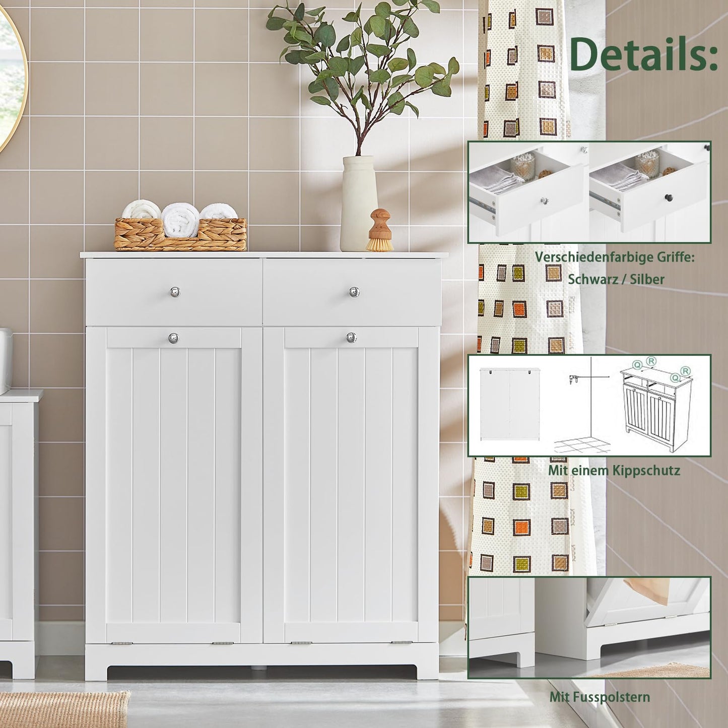 SoBuy Badezimmerschrank mit Wäschekorb Schmaler Badschrank Hoch Badregal Stehend mit 6 Ablagen und 2 Schubladen Wäscheschrank Schmal für Badezimmer Nische Weiß 60x37x171 cm BZR104-W