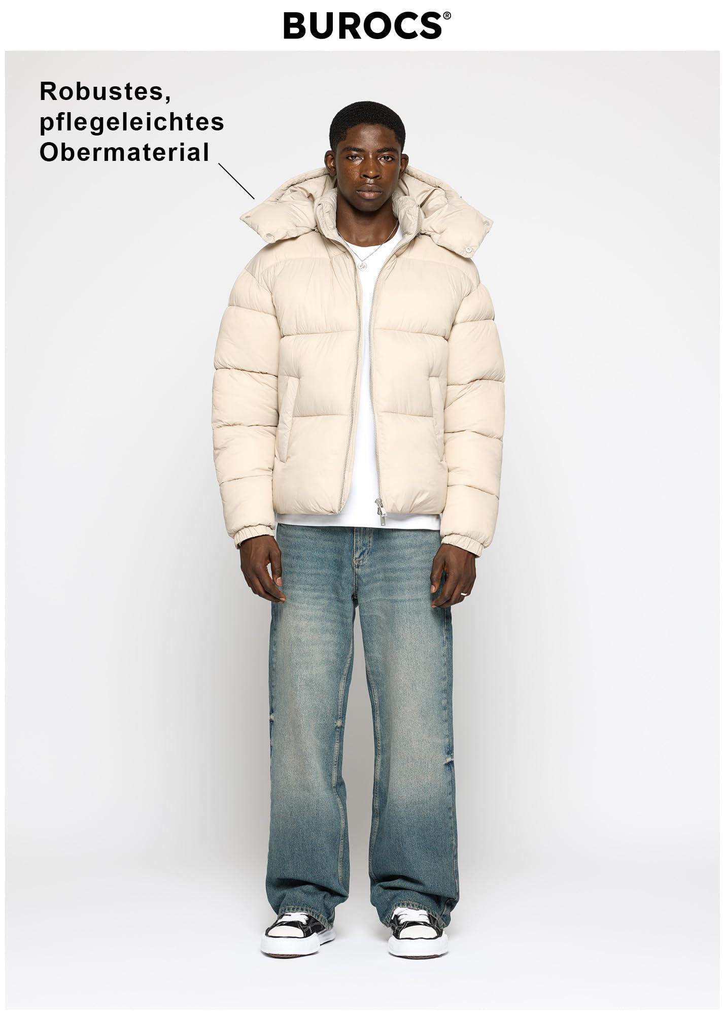 Burocs Hooded Puffer Jacket - Black - Jacke Herren - 2-Wege-Reißverschluss - abnehmbare Kapuze - Logo am Rücken - Kordelzug