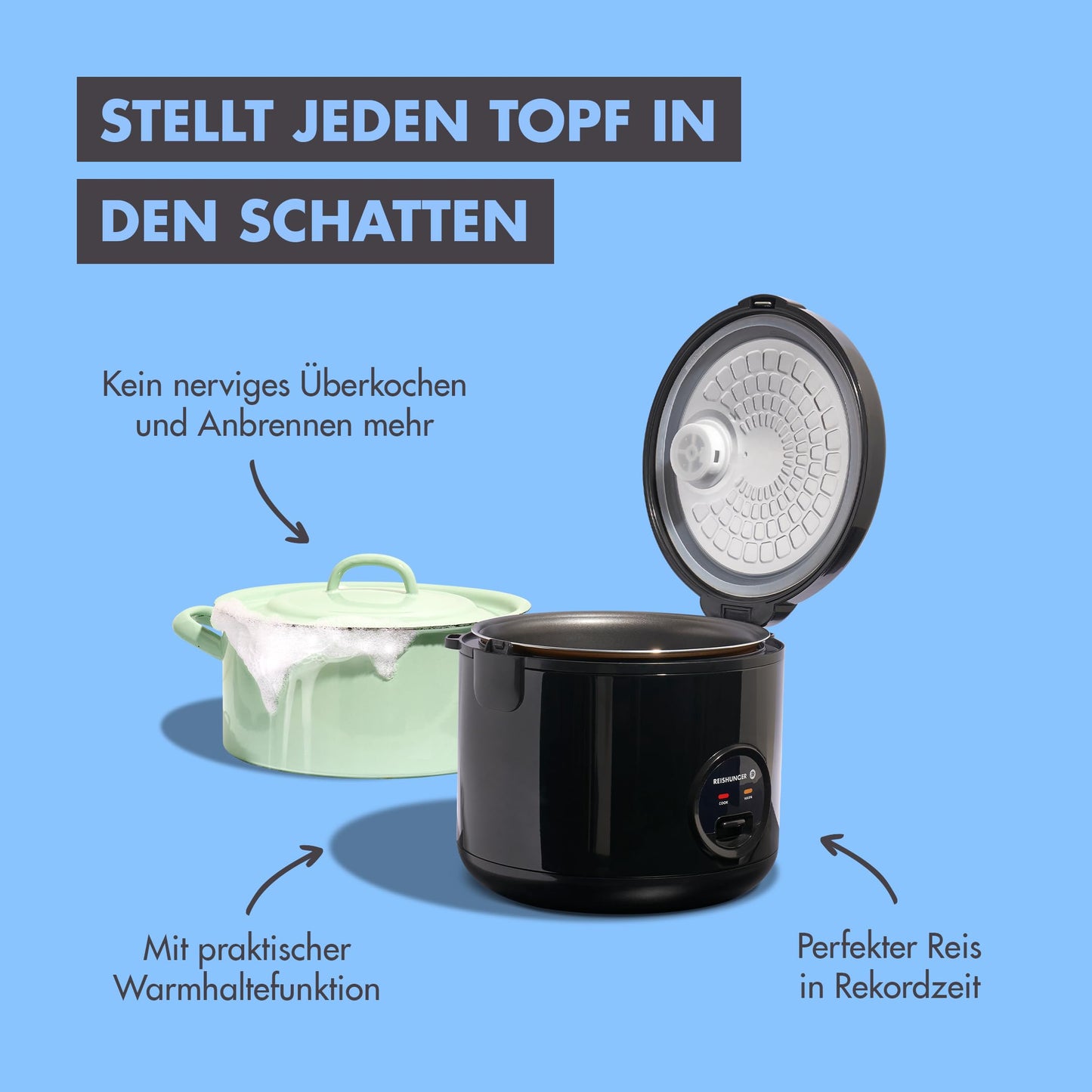 REISHUNGER Reiskocher & Dampfgarer mit Keramikbeschichtung - 1,2 L, Schwarz - Für 1-6 Personen - Schnelle Zubereitung ohne Anbrennen - Mit Warmhaltefunktion inkl. Dämpfeinsatz, Löffel & Messbecher