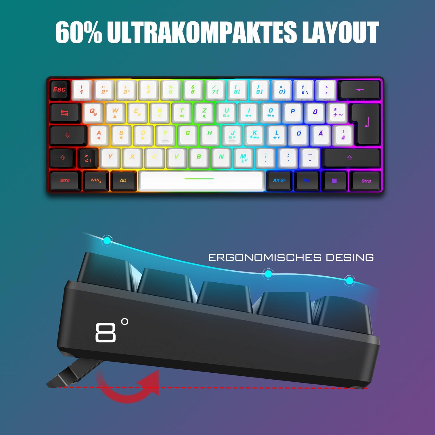 RedThunder 60% RGB Verkabelte Gaming Tastatur und Maus Set, Mini Gaming Tastatur, 62 Tastatur, DE Layout, Ultraleichte 7200 DPI Maus mit Wabenkonstruktion für PC MAC PS5 Xbox Gamer (Schwarz-Weiß)