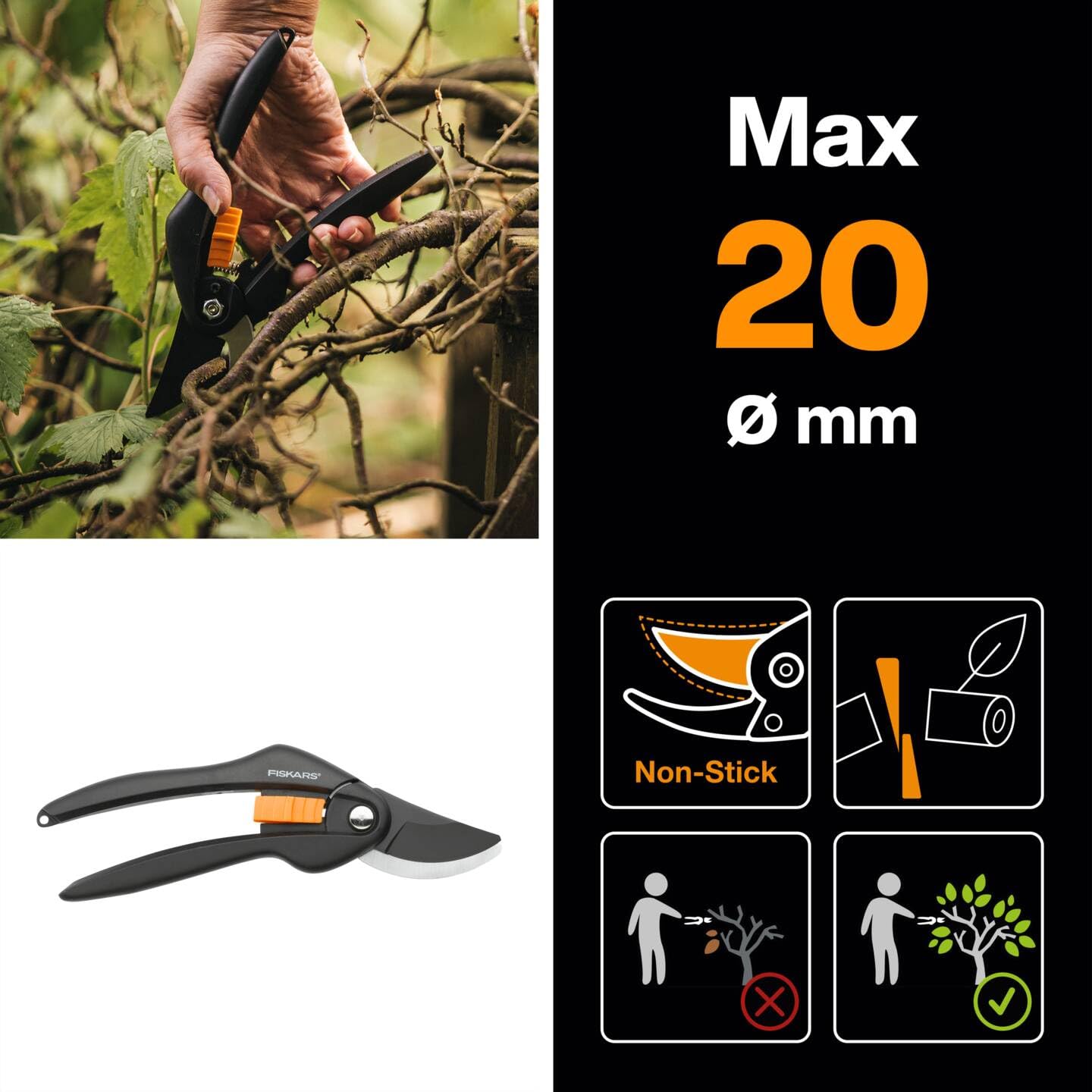 Fiskars Bypass-Gartenschere für frische Äste und Zweige, Antihaftbeschichtet, Hochwertige Stahl-Klingen, Länge: 20 cm, Schwarz/Orange, SingleStep