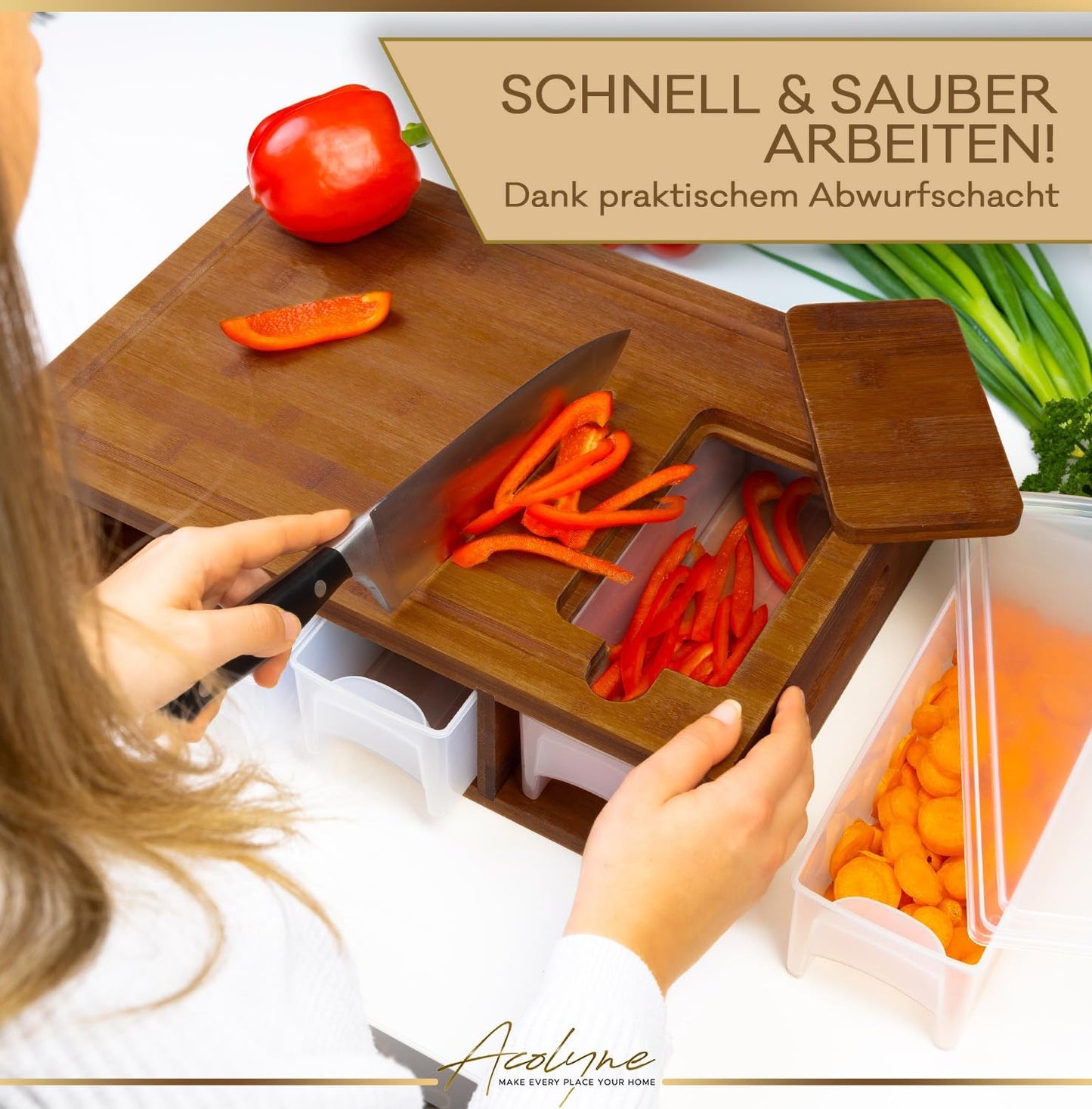 𝐀𝐜𝐨𝐥𝐲𝐧𝐞® XXL Schneidebrett mit Auffangschale KARBONISIERTEN BAMBUS mit 4x Schäler-Aufsatz und Abdeckung Frankfurter Brett Schneidebrett Holz Cutting board Wood multifunktionales Küchen Set