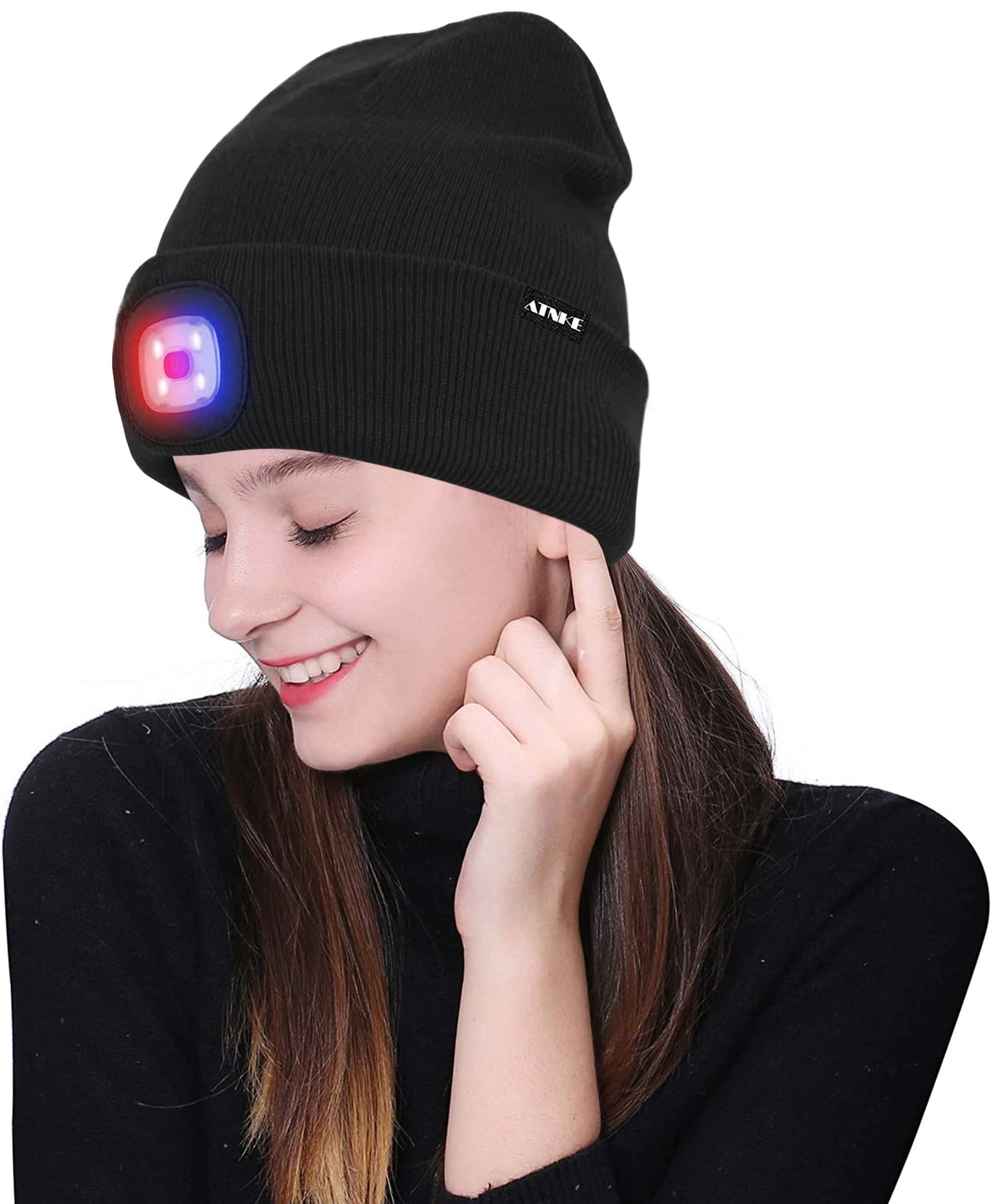 ATNKE LED Beleuchtete Mütze,Wiederaufladbare USB 4 LED Rot und Blau Leuchten Blinkender Laufmütze mit Licht Extrem Heller Lampe Winter Warme für Herren und Damen Geschenke