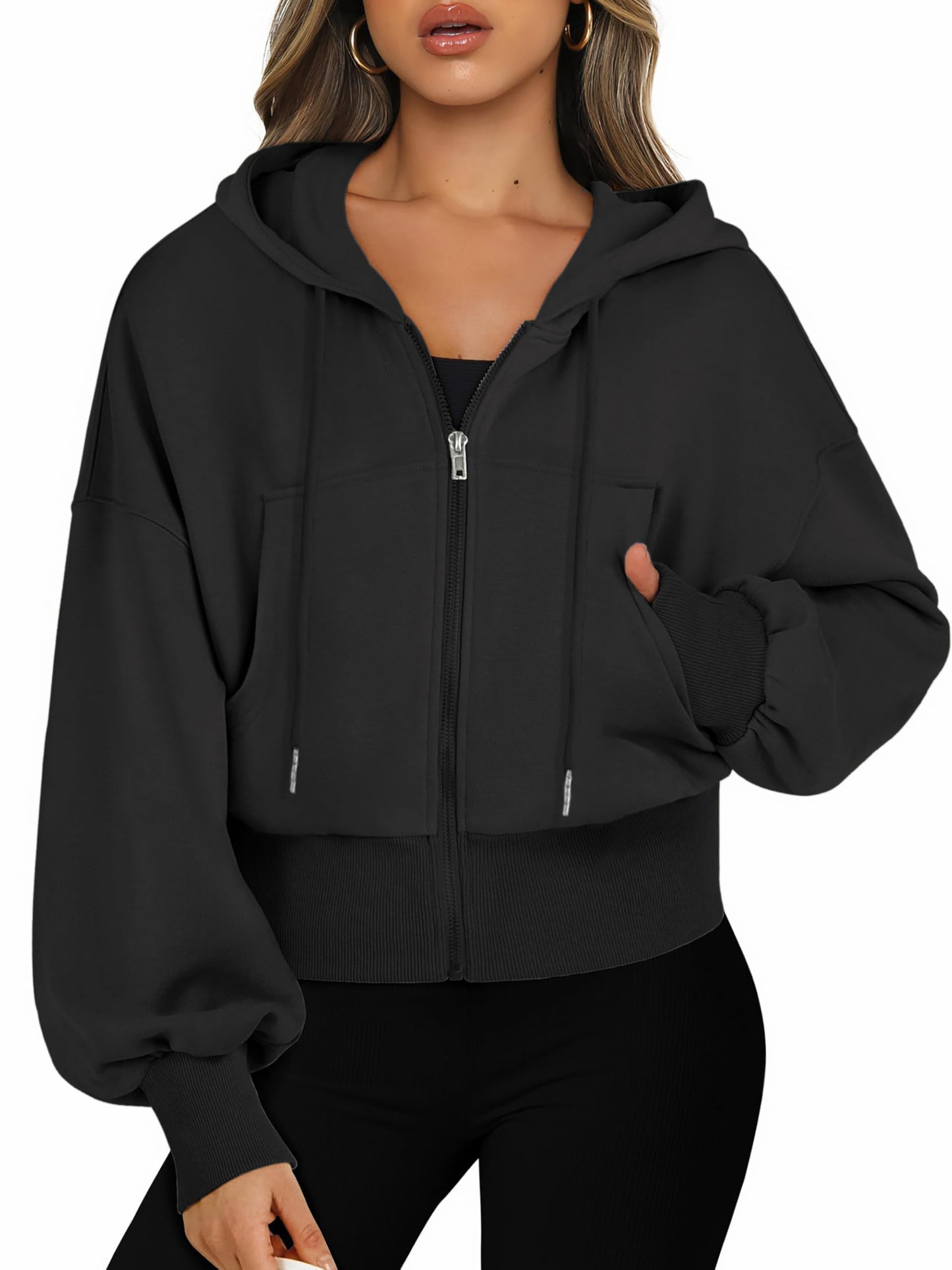 Jhsnjnr Women’s Cropped Zip-Up Hooded Sweat Jacket
