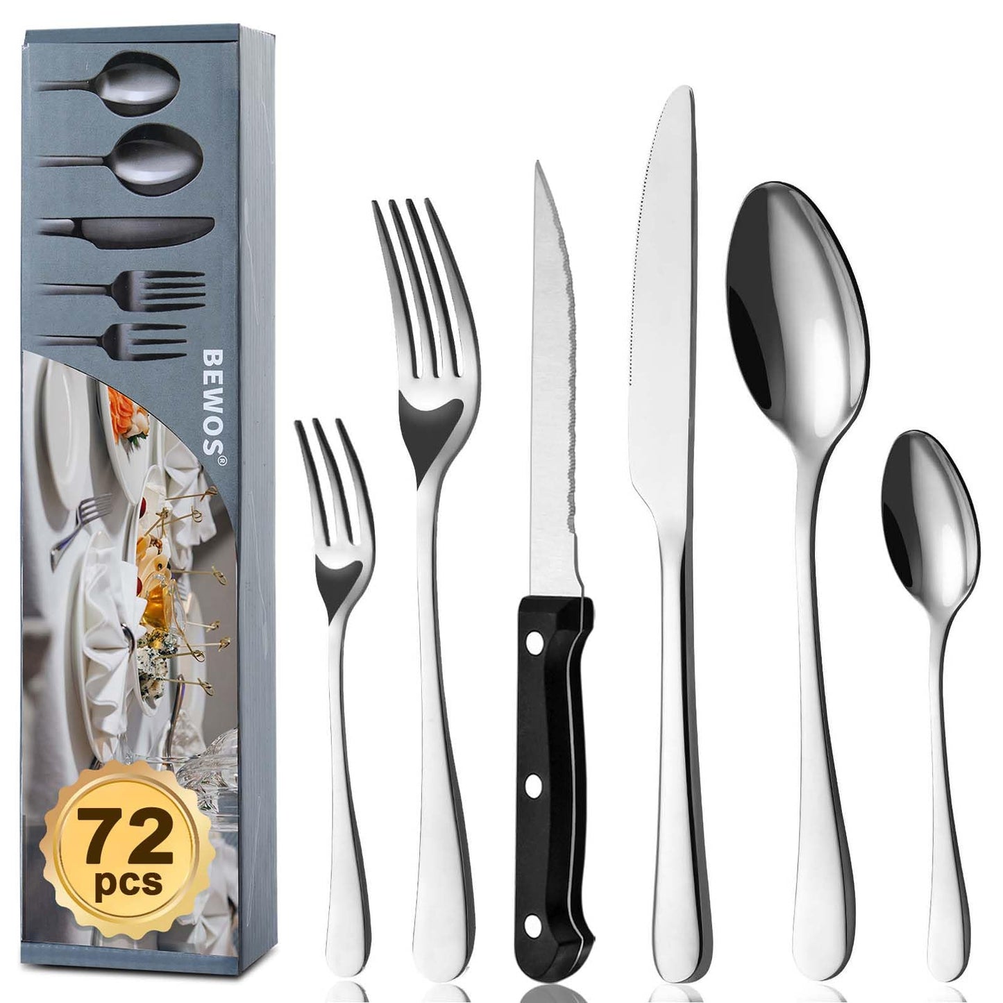 BEWOS 36-teiliges Besteck set mit Steakmesser Service für 6, Premium-Edelstahl-Bestecksets für Haus & Küche, Hochwertiges Messer-Löffel-Gabel-Besteck-Set Hochglanzpoliert, Spülmaschinenfest