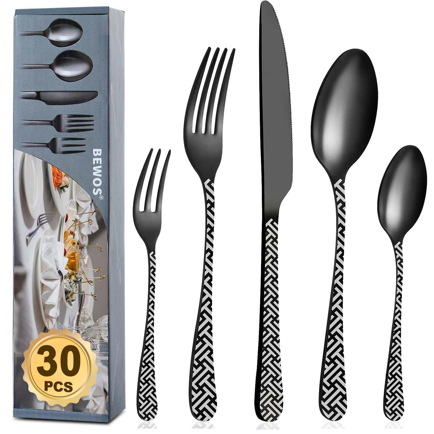 BEWOS Besteck Set für 6 Personen, 30 teilig Essbesteck Set inkl. Messer, Gabel, Löffel, Besteck Edelstahl Spiegelpoliert, Spülmaschinenfest