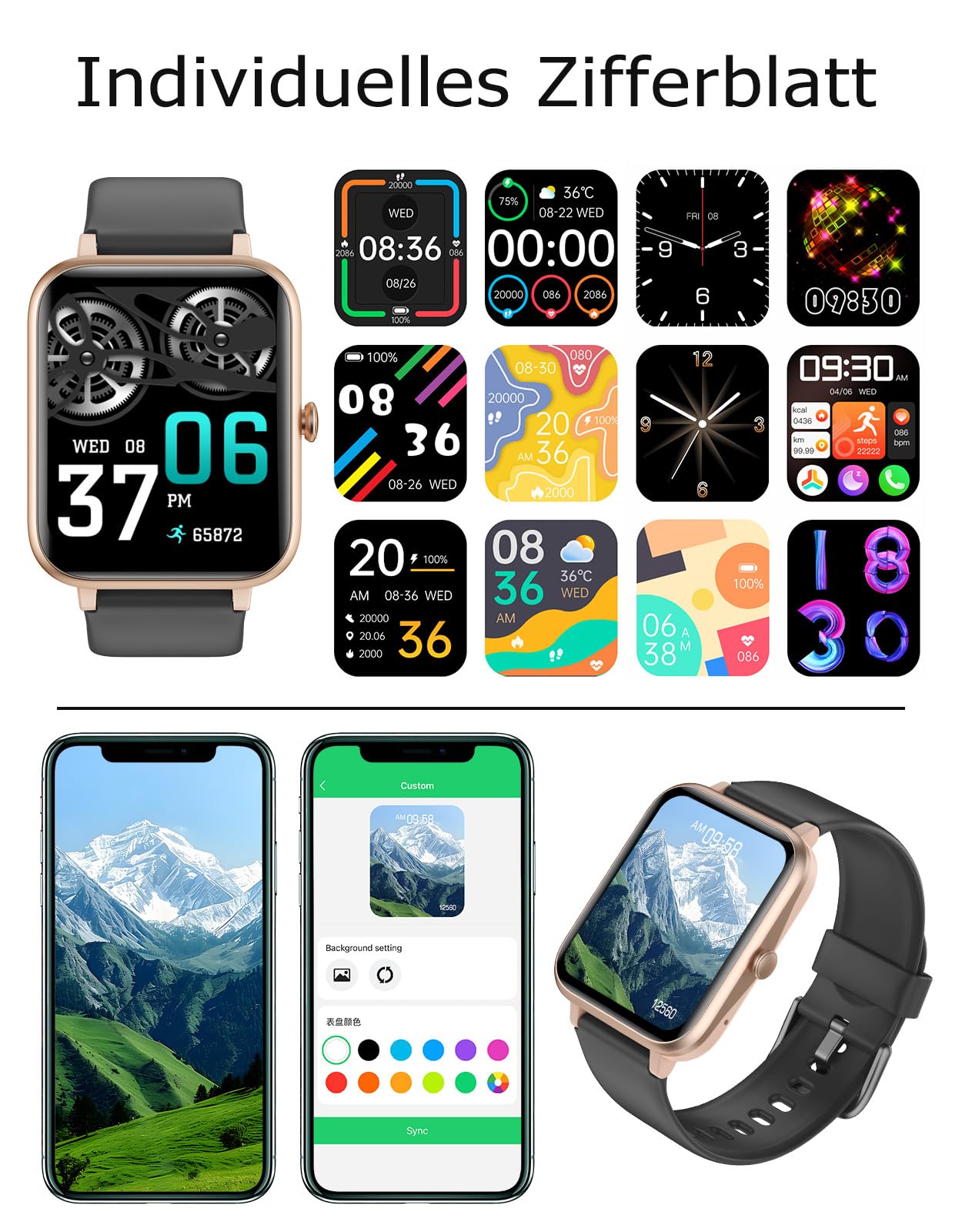 GRV Smartwatch für Damen Herren mit Telefonfunktion,Fitnessuhr mit Pulsmesser SpO2 Schlafmonitor Schrittzähler IP68 Wasserdicht,Multi Sportmodi Smart Watch Fitness Tracker für iOS Android Handy