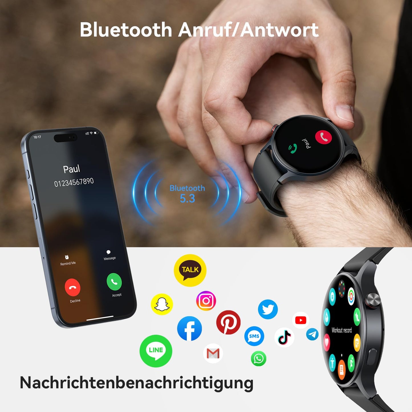 Smartwatch Herren Damen Rund mit Telefonfunktion,1.32" AMOLED Always-On-Display Uhr Herren,110+ Sportmodi Watch mit Pulsuhr Schlafmonitor,AI-Sprachassistent,IP68 wasserdicht Fitnessuhr für iOS Android