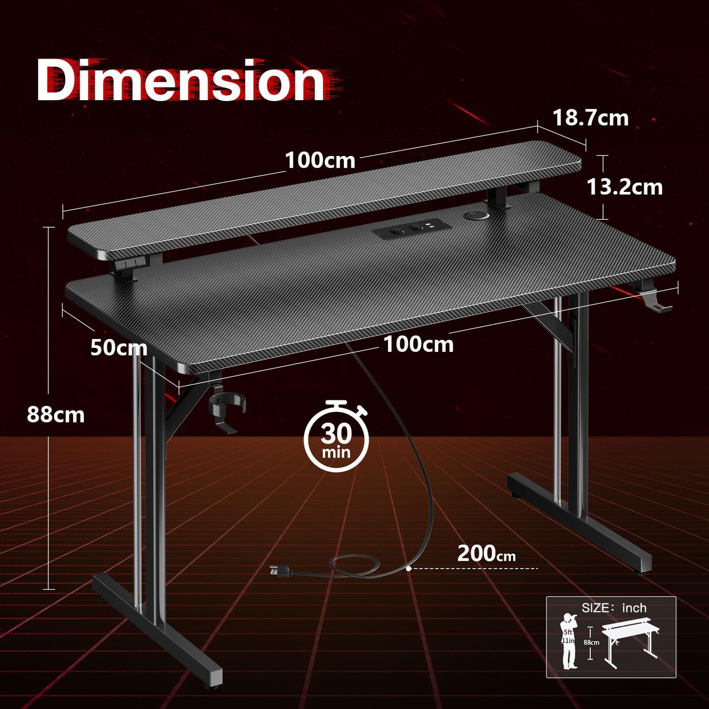 ODK Gaming Tisch, Kleiner Gaming Schreibtisch mit LED Beleuchtung & Steckdosen, Computertisch mit Monitorablage, Carbon Fiber Schwarz PC Gamer Tisch 100cm