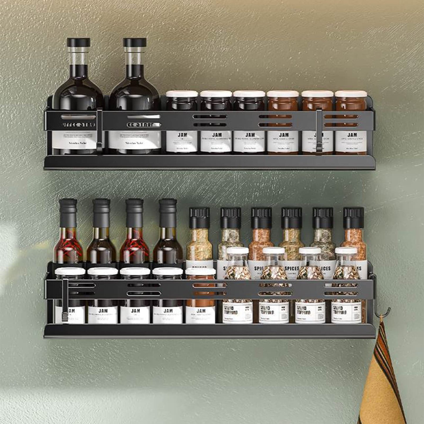 CZKDTT Gewürzregal,Küchenregal wand ohne Bohren,Gewürzregal Hängend Mit Küchenrollenhalter und 4 Haken,küchen organizer schublade,küchenutensilienhalter,35cm schwarz