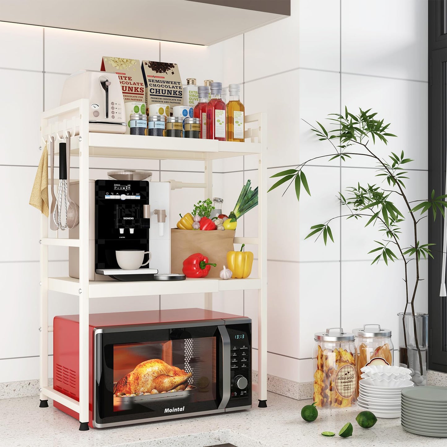 Mointal Verstellbares Mikrowellenregal, 2-Stufig Erweiterbares Küchen Mikrowelle Ständer Regal, Mikrowellenhalter aus Kohlenstoffstahl, Küchenaufbewahrung Organizer mit 8 Haken, Schwarz