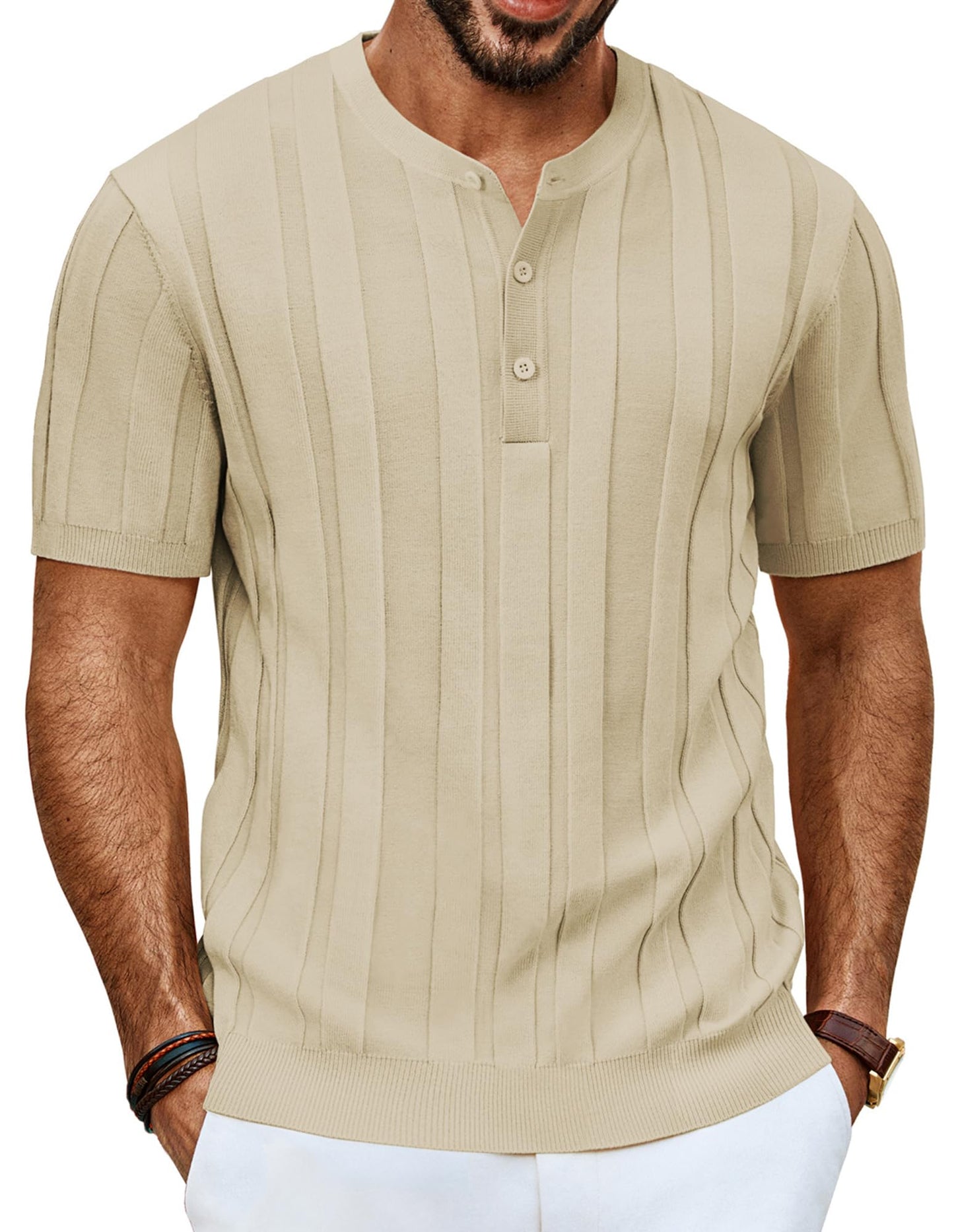 Men’s Henley Knit T-Shirt – Short Sleeve Summer Casual Tee
