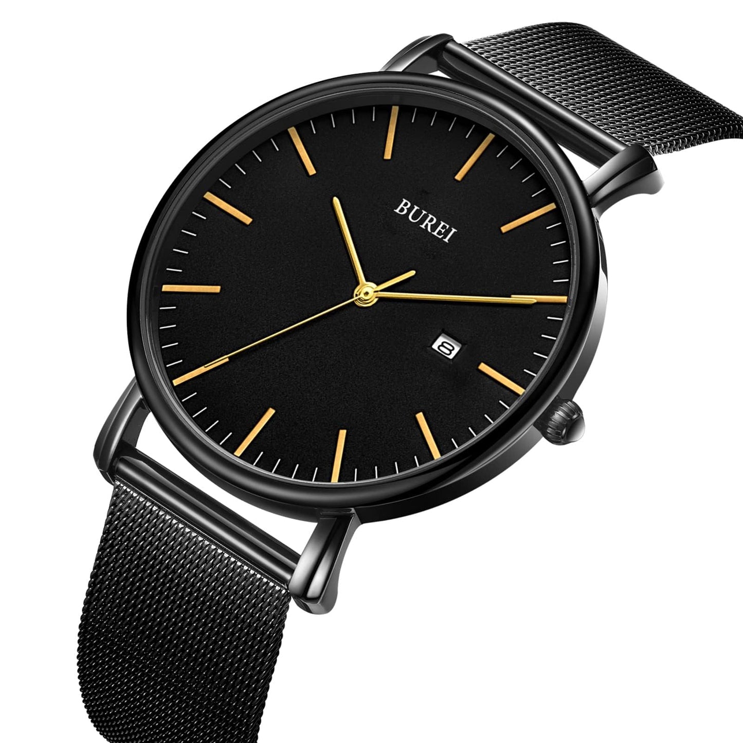 BUREI Ultra Dünne Uhren Herren Schwarze Analoges Datum Armbanduhr Herren mit Japanisches Quarzwerk, Geschenke für Männer