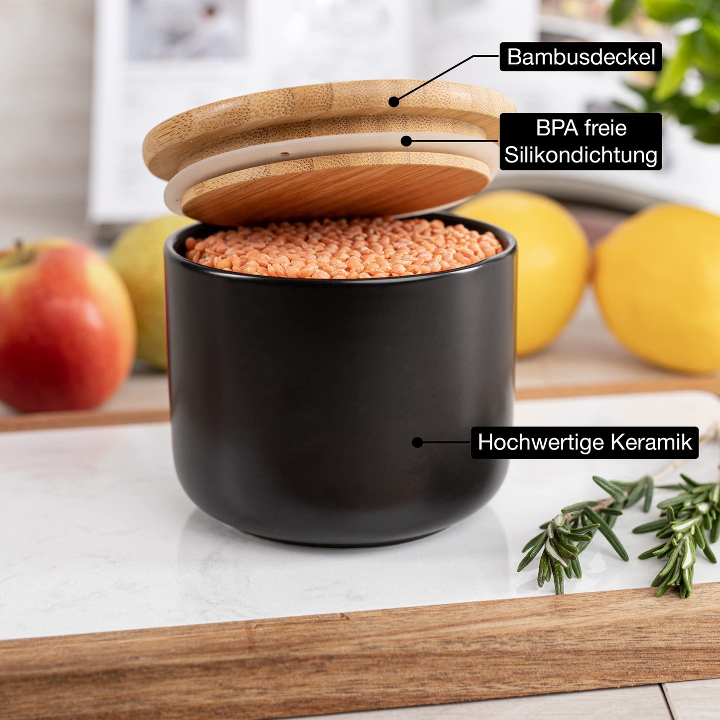 Moritz & Moritz 3x Vorratsdosen Schwarz 400ml, 600ml & 900 ml - Beschreibbar – 3x Keksdosen Keramik mit Deckel aus Bambus – Keramik Aufbewahrungsdose