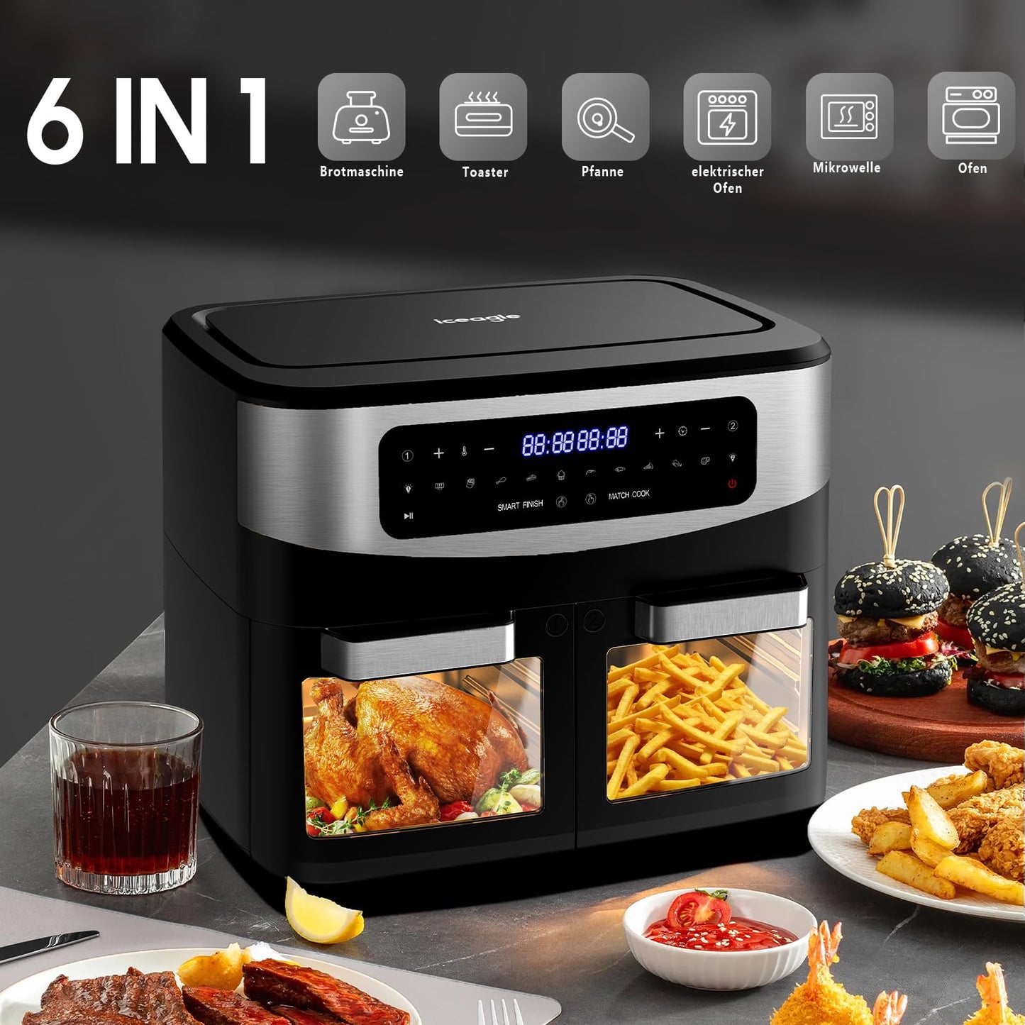 iceagle Heißluftfritteuse 6,5 L Airfryer XL - Fritteuse Ohne Fett mit Metallinnenraum | 1700W Heissluftfriteuse mit 8 Kochprogramme, Digitalem Display, mit deutschem Rezeptbuch