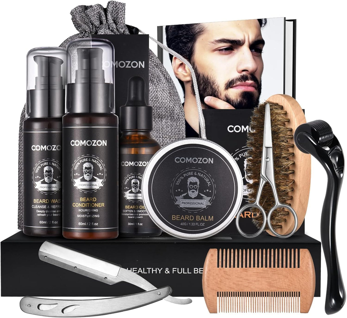 Bartroller,Bartpflege Set Mit Bart Roller Bartwuchsmittel Männer Comozon Bartroller Beard Growth Kit Mit Bartshampoo Bartöl Bartbalsam Rasiermesser Bartbürste Bartkamm Bartschere