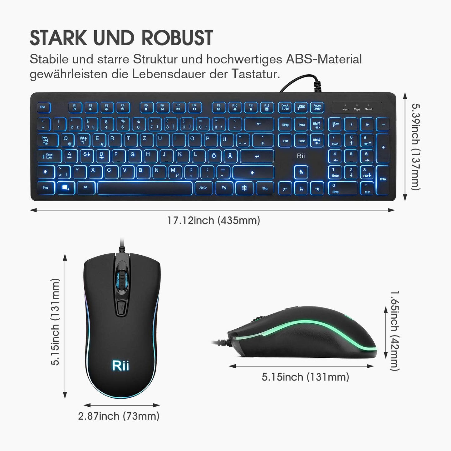 Rii Gaming Tastatur und Maus Set mit Kabel, 3 LED Hintergrundbeleuchtung QWERTZ (DE-Layout), Kabelgebundene Tastatur mit Maus für PC, Computer, Laptop, Schwarz