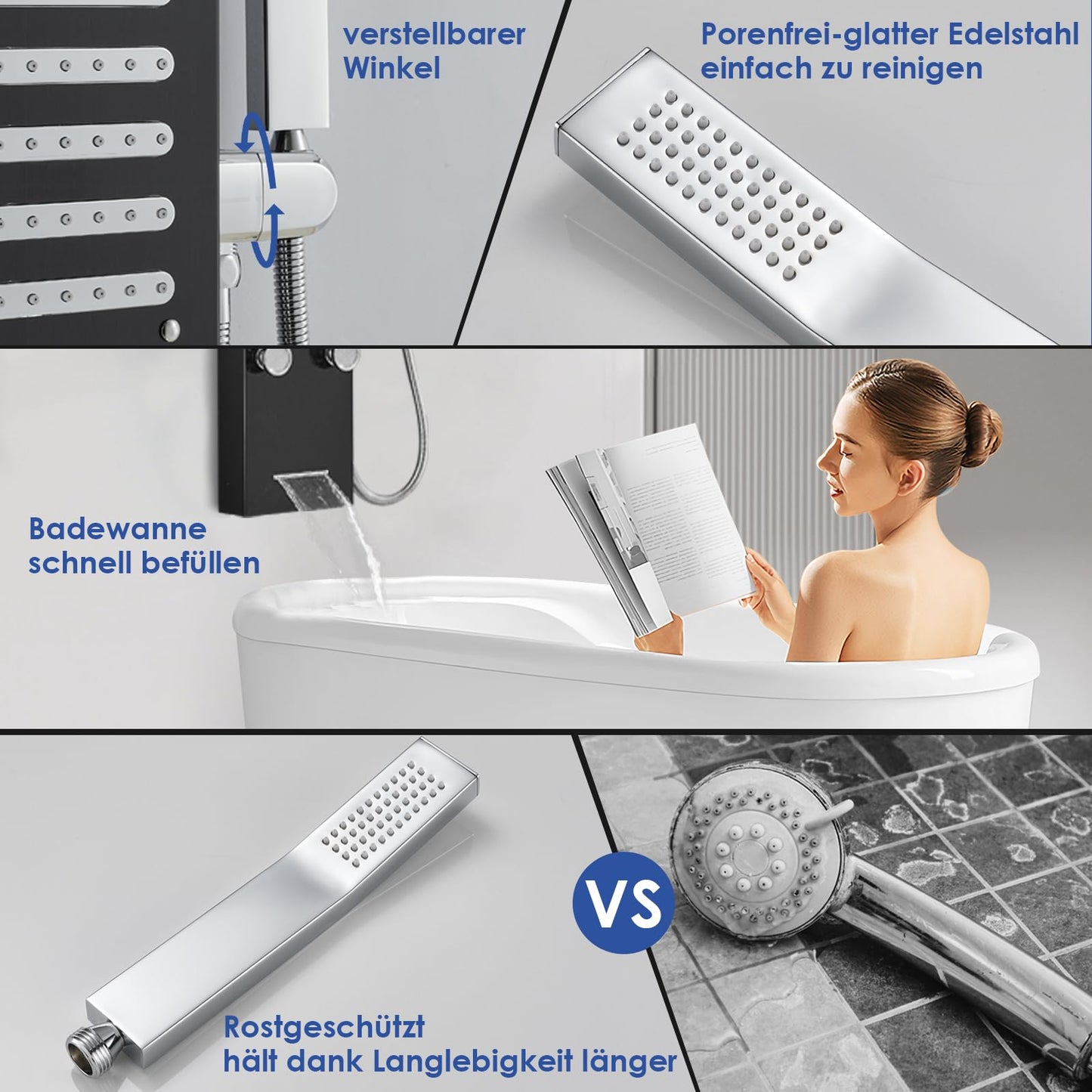 LED Duschpaneel mit Thermostat, OUGOO 6 Funktionen Duschpaneel mit Armatur, Regendusche, Wasserfalldusche, 2-Typ-Massagedüsen, Handbrause und Badewanneneinlauf, 304 Edelstahl, Schwarz