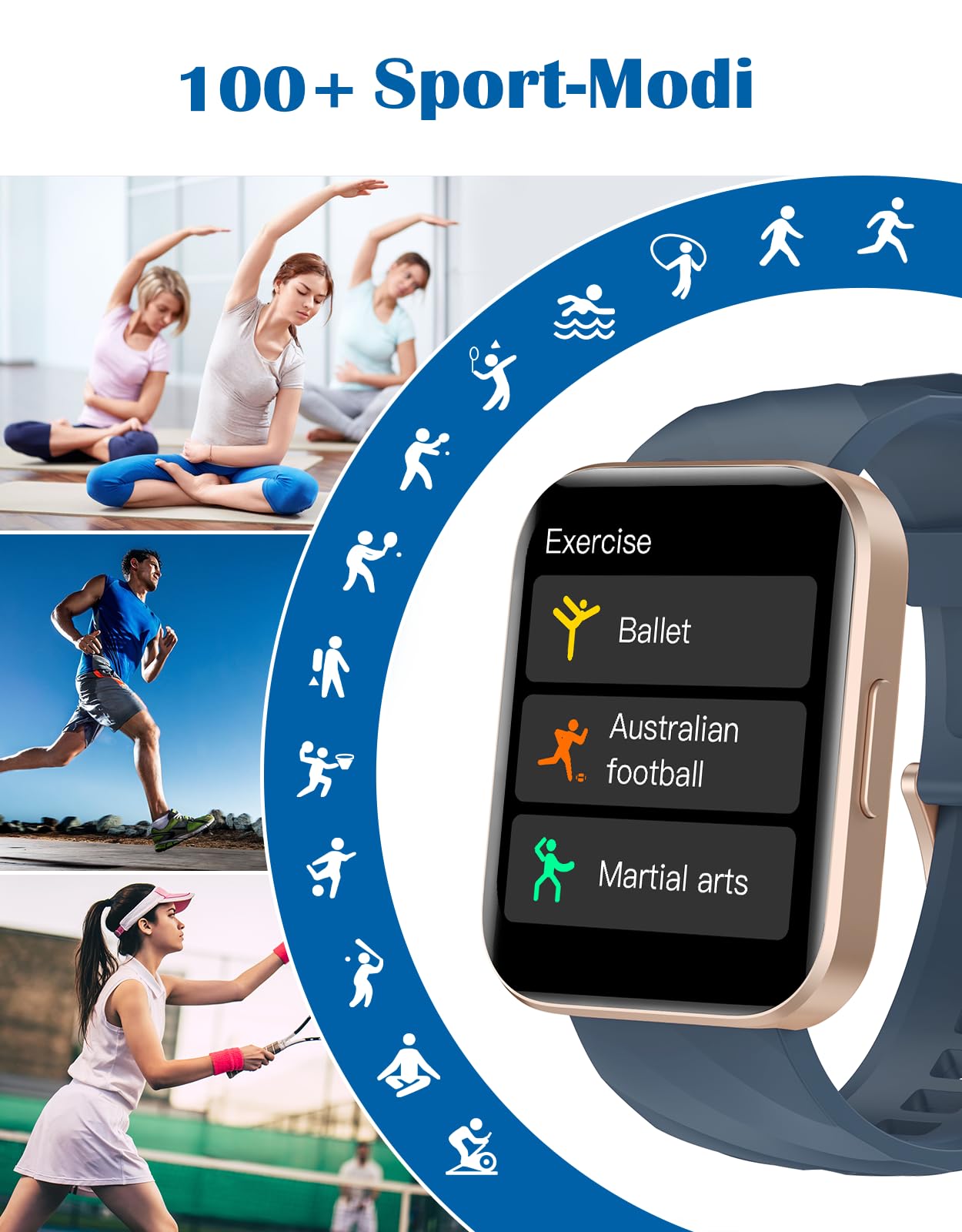 RUIMEN Smartwatch Damen Herren mit Telefonfunktion Fitnessuhr Schrittzähler Uhr mit Pulsmesser SpO2 Messung Schlafüberwachung Nachrichten Multi Trainingsmodi Smart Watch Wasserdicht Für Android iOS