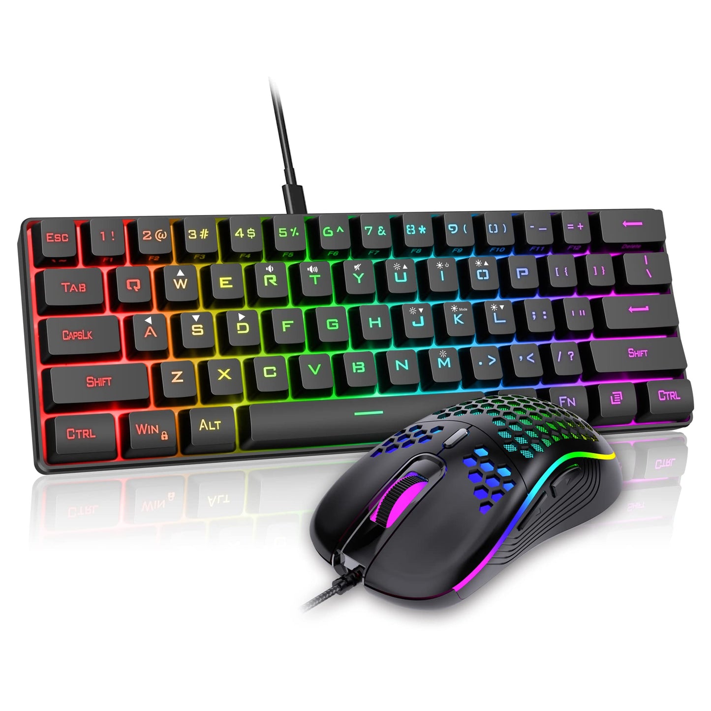 RedThunder 60% RGB Verkabelte Gaming Tastatur und Maus Set, Mini Gaming Tastatur, 62 Tastatur, DE Layout, Ultraleichte 7200 DPI Maus mit Wabenkonstruktion für PC MAC PS5 Xbox Gamer (Schwarz-Weiß)
