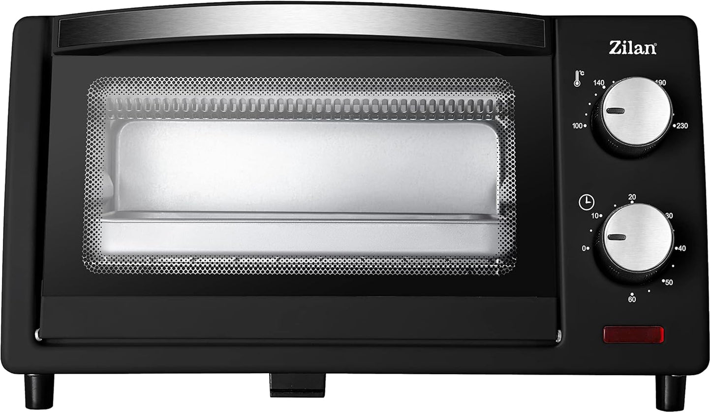 Zilan Elektro-Backofen, 9 l, Doppel-Sicherheitsglas, Timer, 2-teilig, Quarzwiderstand, Krümelplatte, 1 quadratische Platte, verchromtes Grill, 800 W