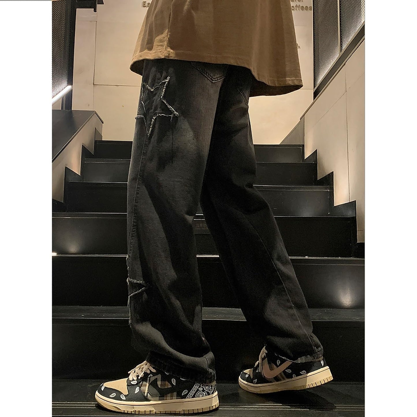 Y2K Vintage Effect Baggy Jeans for Men with Cross Print