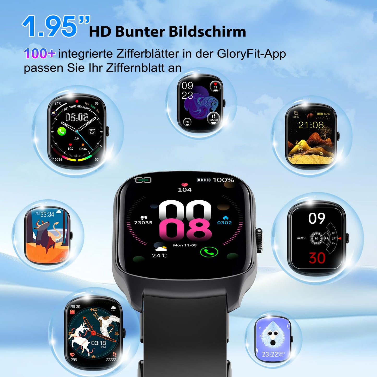 Smartwatch Herren Damen, 1,95" HD Gebogener Bildschirm Smart Watch, mit Bluetooth Anrufe, Pulsmesser/Schlafmonitor, 112+ Sportmodi Fitnessuhr, IP68 Wasserdicht Schrittzähler Sportuhr für Android iOS