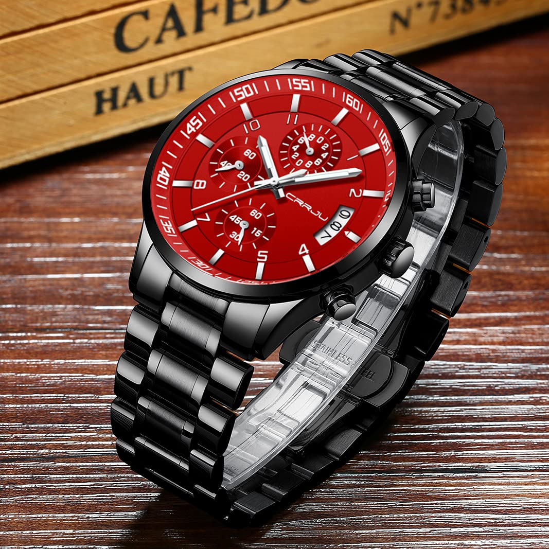 CRRJU Herren Uhr Business Edelstahl wasserdichte Chronographen mit Kalender Armbanduhr Edelstahlband Stoppuhr Analog Quarzuhr