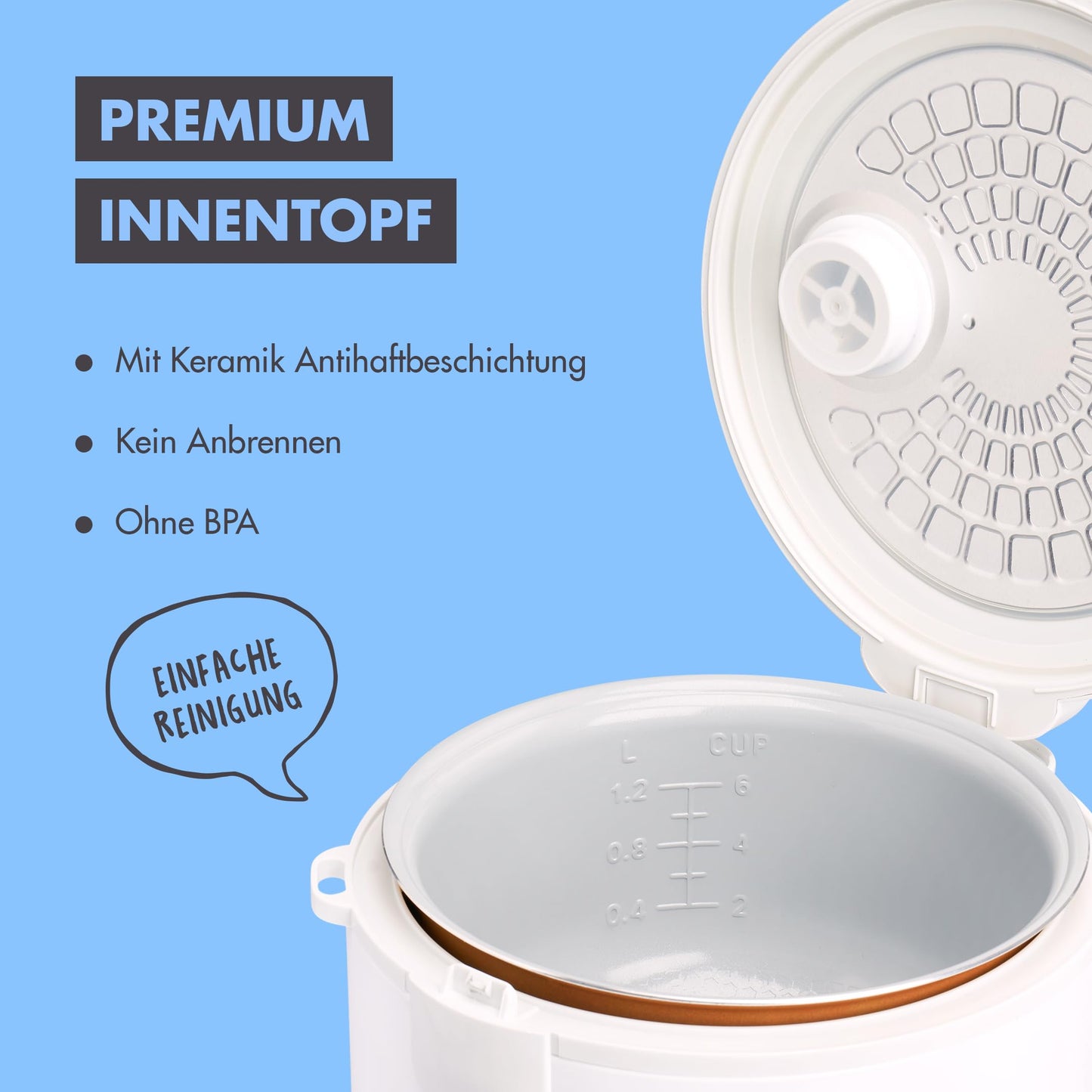 REISHUNGER Reiskocher & Dampfgarer mit Keramikbeschichtung - 1,2 L, Schwarz - Für 1-6 Personen - Schnelle Zubereitung ohne Anbrennen - Mit Warmhaltefunktion inkl. Dämpfeinsatz, Löffel & Messbecher
