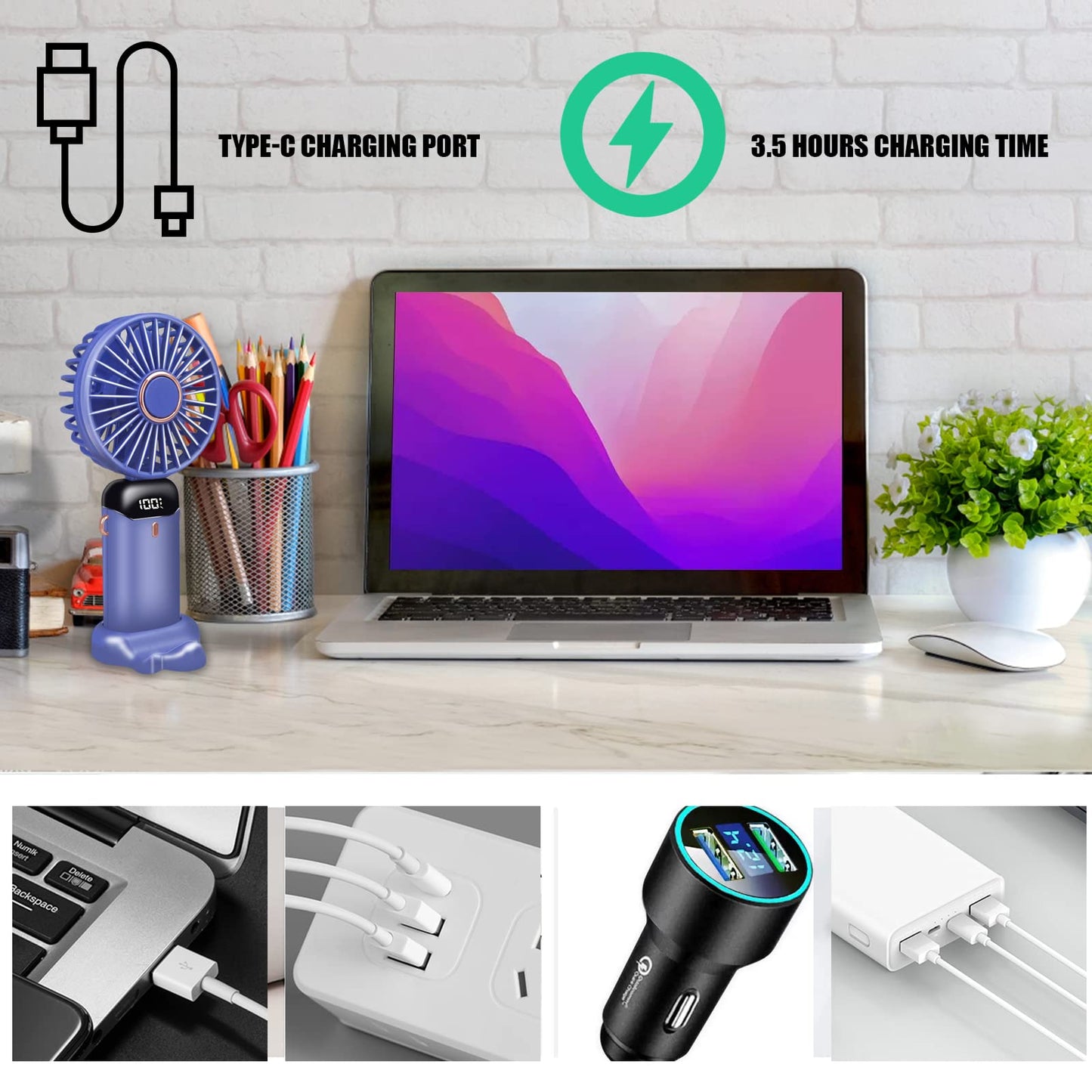 Jsdoin Handventilator, Tragbarer Mini Ventilator, Wiederaufladbar, Kleiner Taschenventilator Mit 5 Geschwindigkeitsstufen, Faltbarer USB-Ventilator für Büro, Outdoor (Dunkelblau)