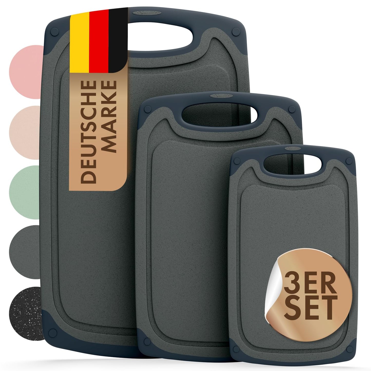 Blumtal Schneidebrett Set mit 3 Größen (S/M/L) - Schneidebrett Kunststoff groß + Saftrillen & Griff - Cutting Board - Küchenbrett BPA frei - Schneidbrett Spülmaschinenfest - Schneidebretter Grau