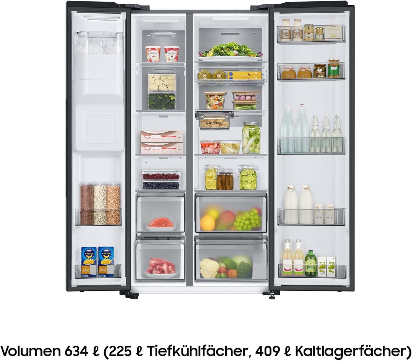 Samsung side-by-side refrigerator with freezer compartment, 178 cm, 634 l total volume, 225 l freezer compartment, AI Energy Mode, water and ice dispenser, fresh water connection, Premium Black Steel