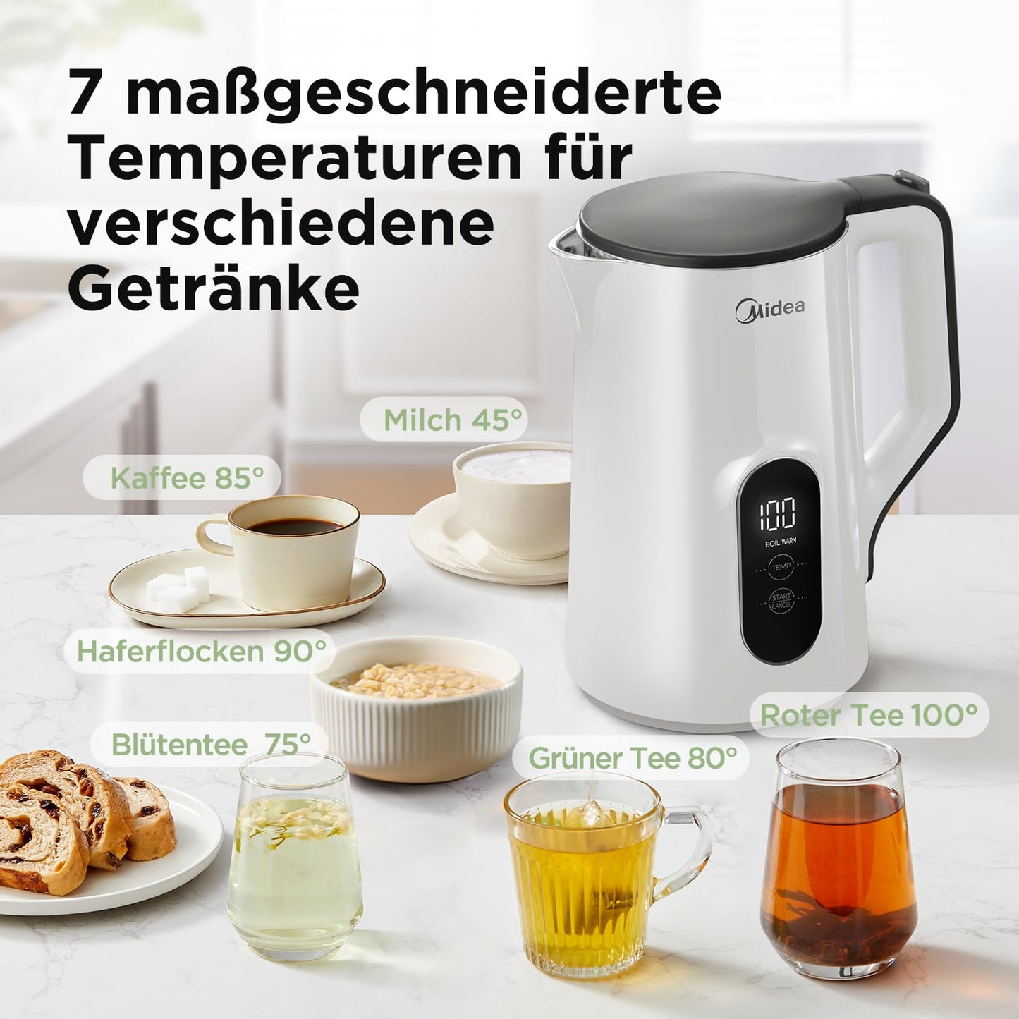 Midea Wasserkocher mit Temperatureinstellung (40, 60, 70, 80, 90, 100 Degree C),Edelstahl 1,7 Liter,Kettle 2200W mit Sichtfenster, Warmhaltefunktion für 60 Min