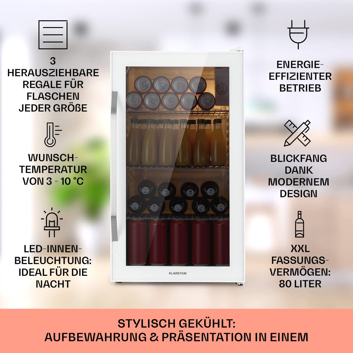 Klarstein Mini Fridge with Glass Door, Mini, for Room, Drinks Fridge Small with Adjustable Shelves, with Waveform Racks, 60 Liter Refrigerator Quiet