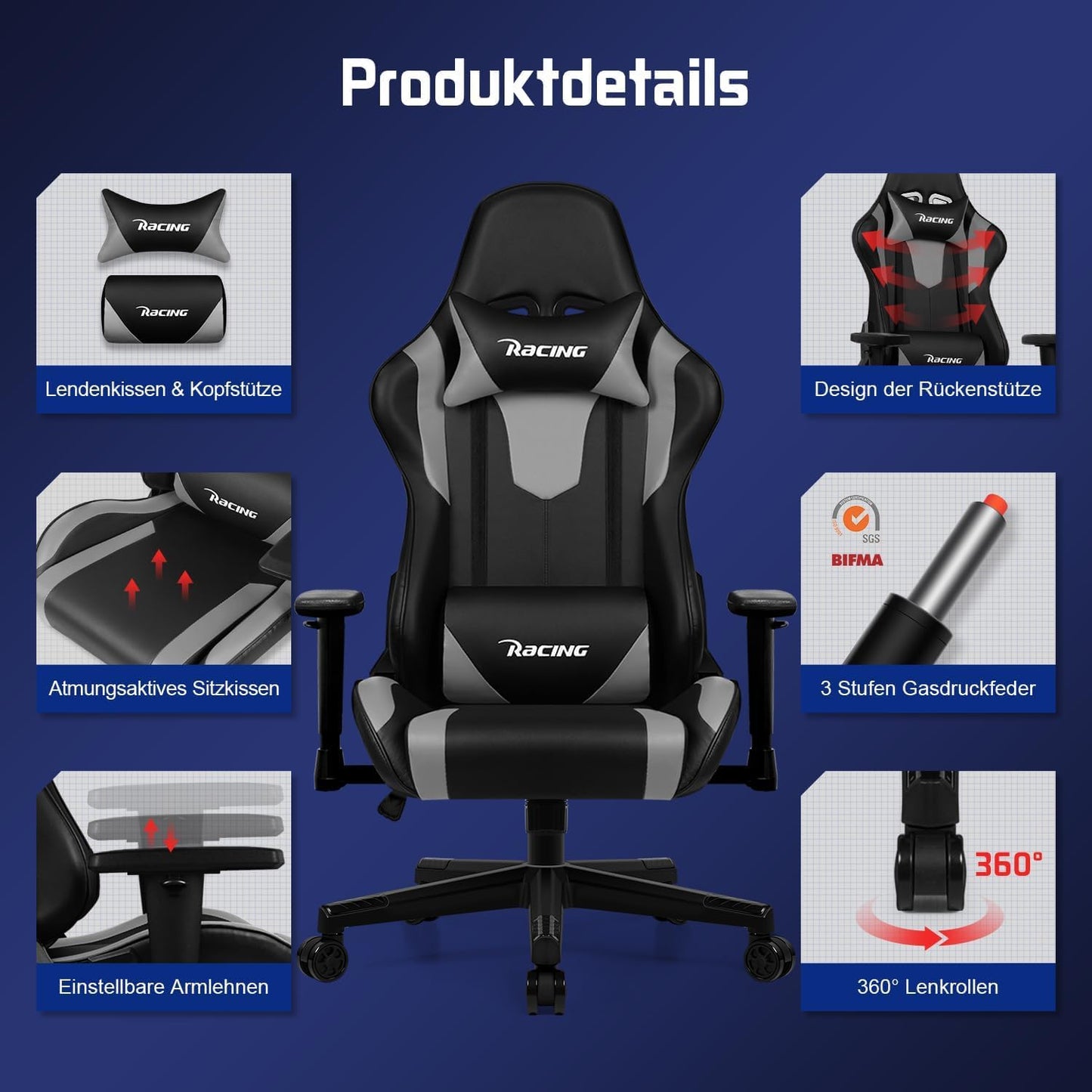Homimaster Gaming Chair, Ergonomic Office Chair with Adjustable Lumbar Cushion, Head Cushion and Armrests, Padded Gaming Chair, Gamer Chair with Rocking Function, Gaming Chair 150 kg Load Capacity