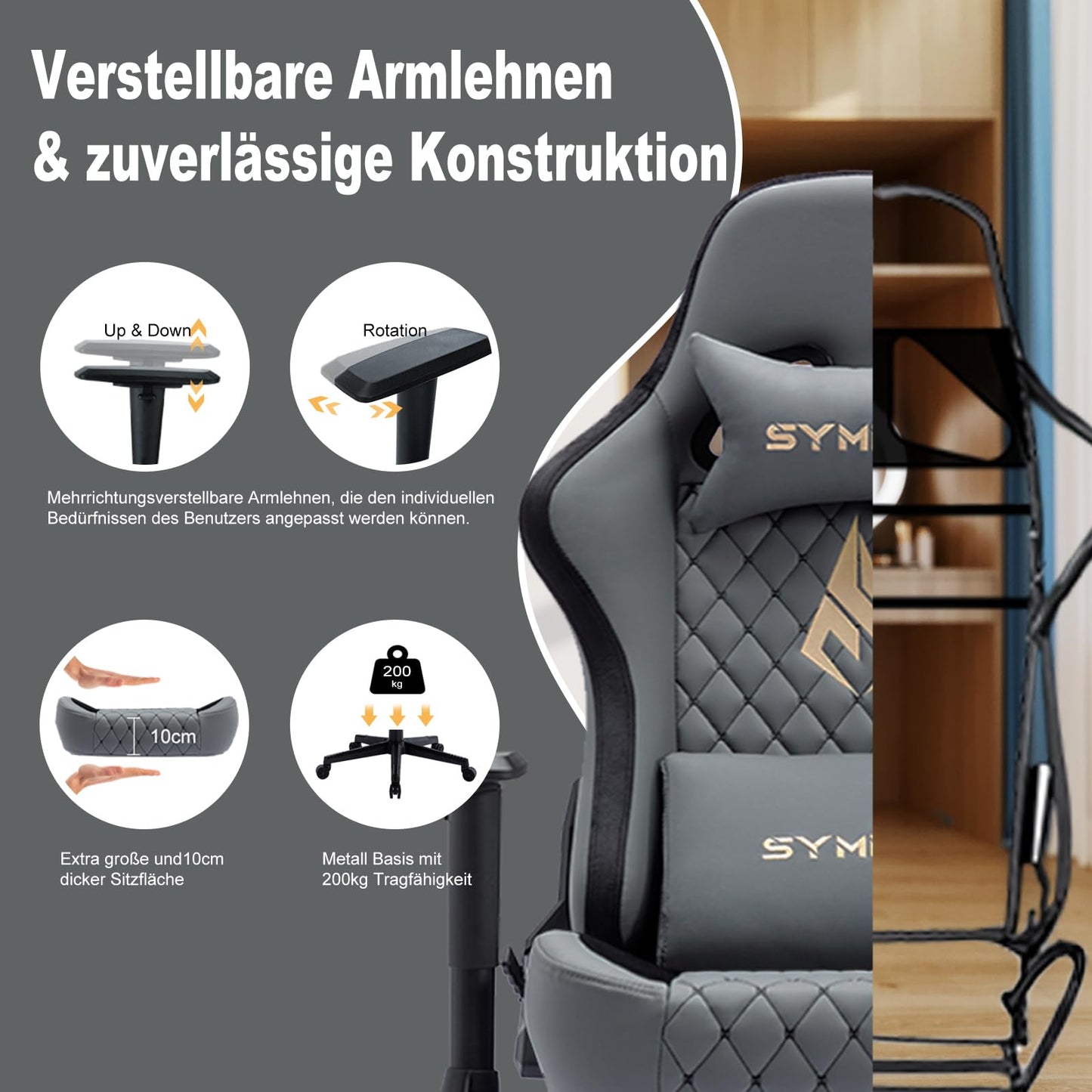 symino Gaming Stuhl, Ergonomischer Bürostuhl, Rennstuhl-Design PC Stuhl, Vintage-PU-Leder, Verstellbarer Drehbarer Task Stühle mit Fußstütze (Schwarz)