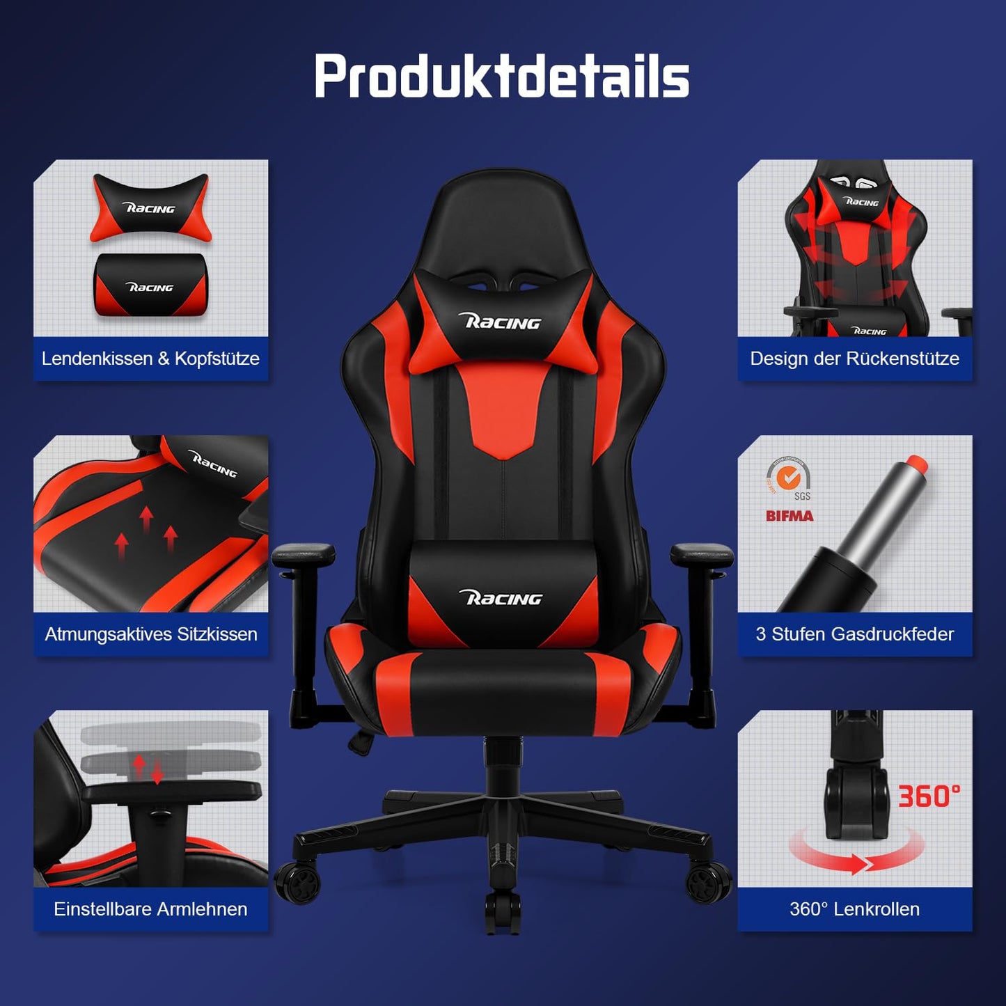 Homimaster Gaming Chair, Ergonomic Office Chair with Adjustable Lumbar Cushion, Head Cushion and Armrests, Padded Gaming Chair, Gamer Chair with Rocking Function, Gaming Chair 150 kg Load Capacity