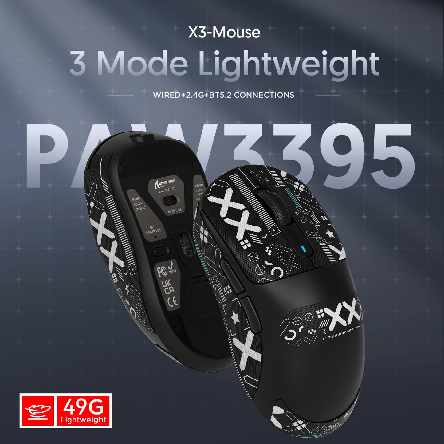 ATTACK SHARK X3 49g Ultralight Mouse, PixArt PAW3395 Gaming Sensor, BT/2.4G Wireless/Wired Gaming Mouse, 26000 DPI, 200 Hours Battery, Office Mice for Win11/Xbox/PS/Mac (White)