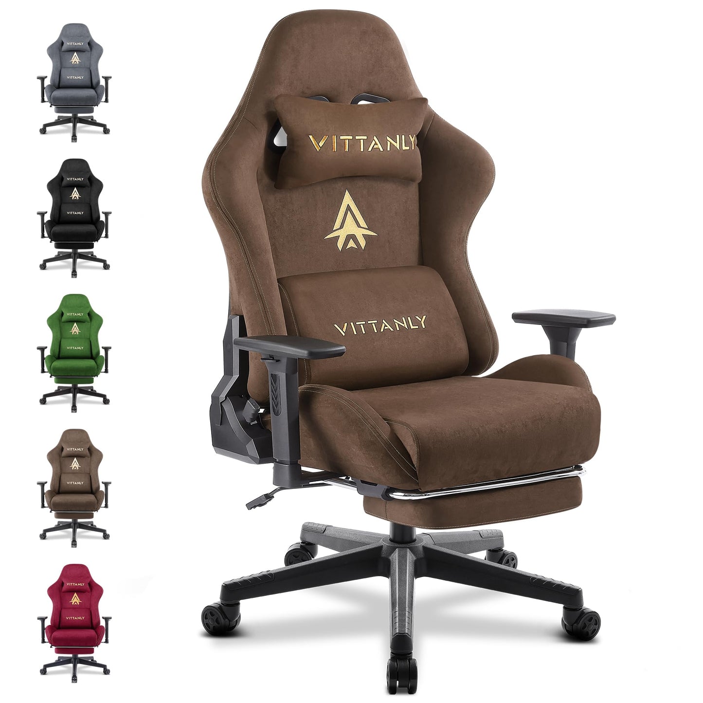 Vittanly Gaming Chair, Luxurious Breathable Imitation Suede Office Chair Gaming Chair, Ergonomic Gamer Chair with Footrest Headrest and Lumbar Cushion, 3D Armrests, 90-155° Backrest, Gray