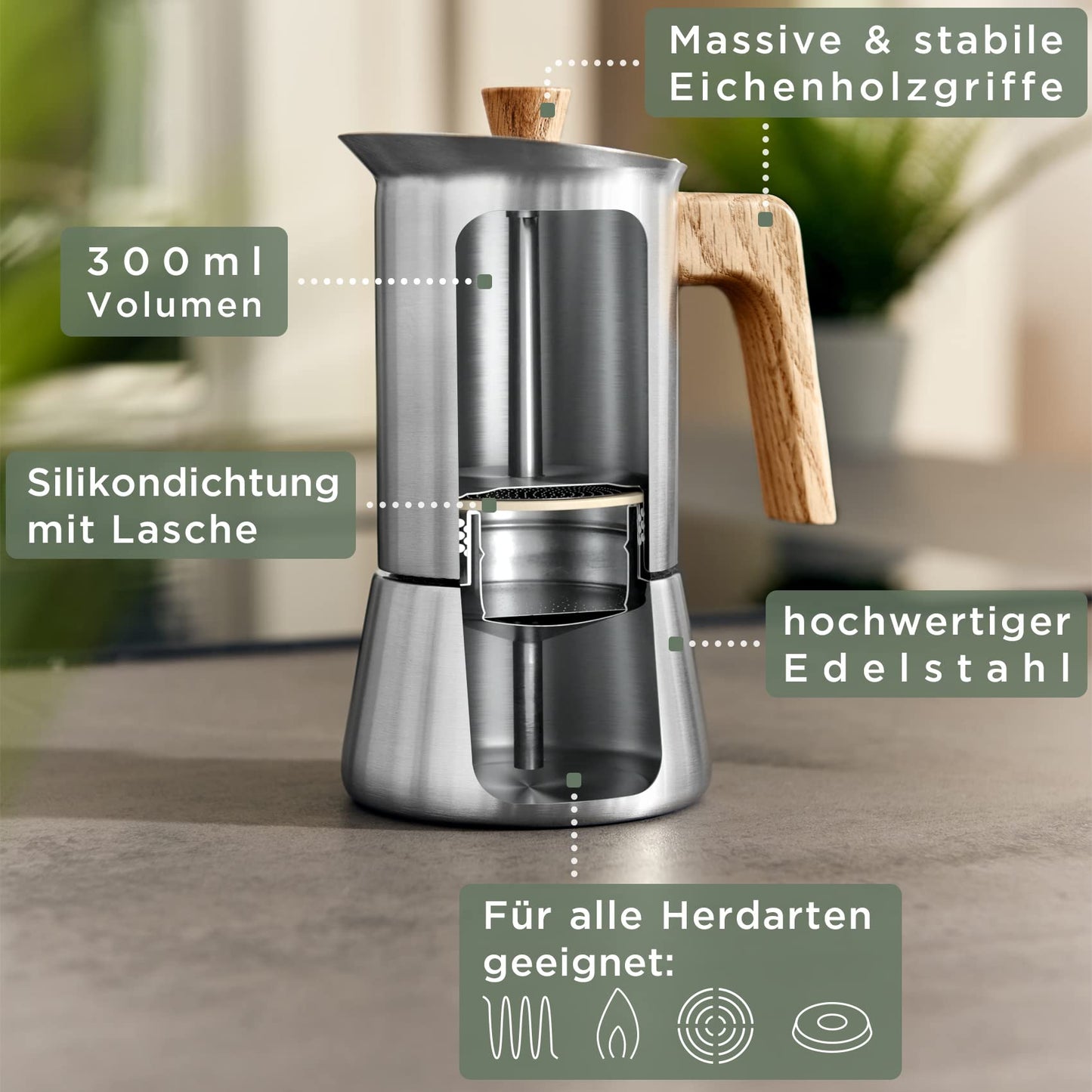 WALDWERK Espresso Maker (300 ml) – Espresso Maker Suitable for All Types of Cookers – Stainless Steel Mocha Pot with Wooden Handle Made of Real Oak Wood