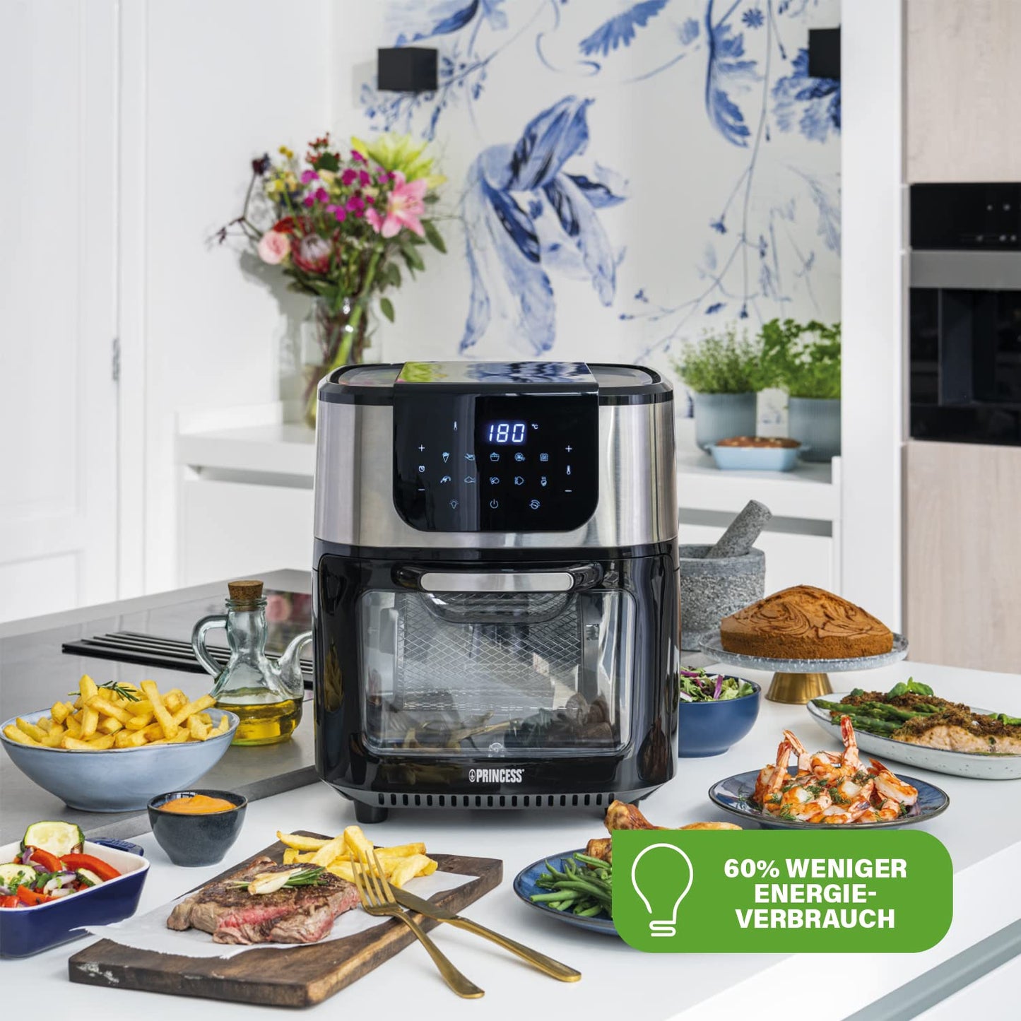 Princess Digital Hot Air Fryer - 6.5 L - with Removable Divider - 60 Percent Less Energy Consumption - Digital Touchscreen - 12 Programmes - Oil Free - Black - 182061