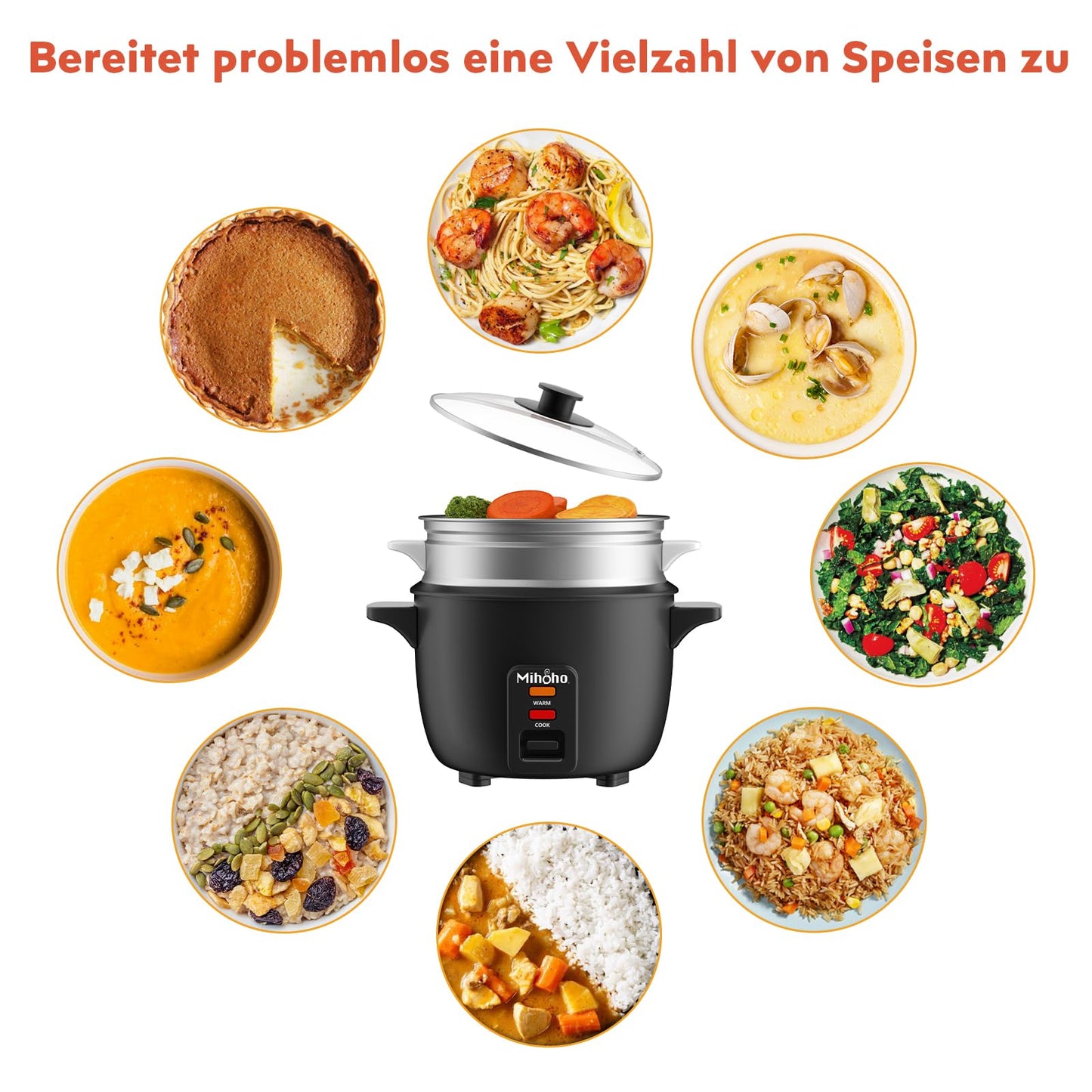 Reiskocher 2L, elektrischer Reiskocher Edelstahlschüssel mit Glasdeckel, Warmhaltefunktion |Dampfgarfunktion ,inkl Dämpfeinsatz, Löffel, Messbecher (schwarz A)