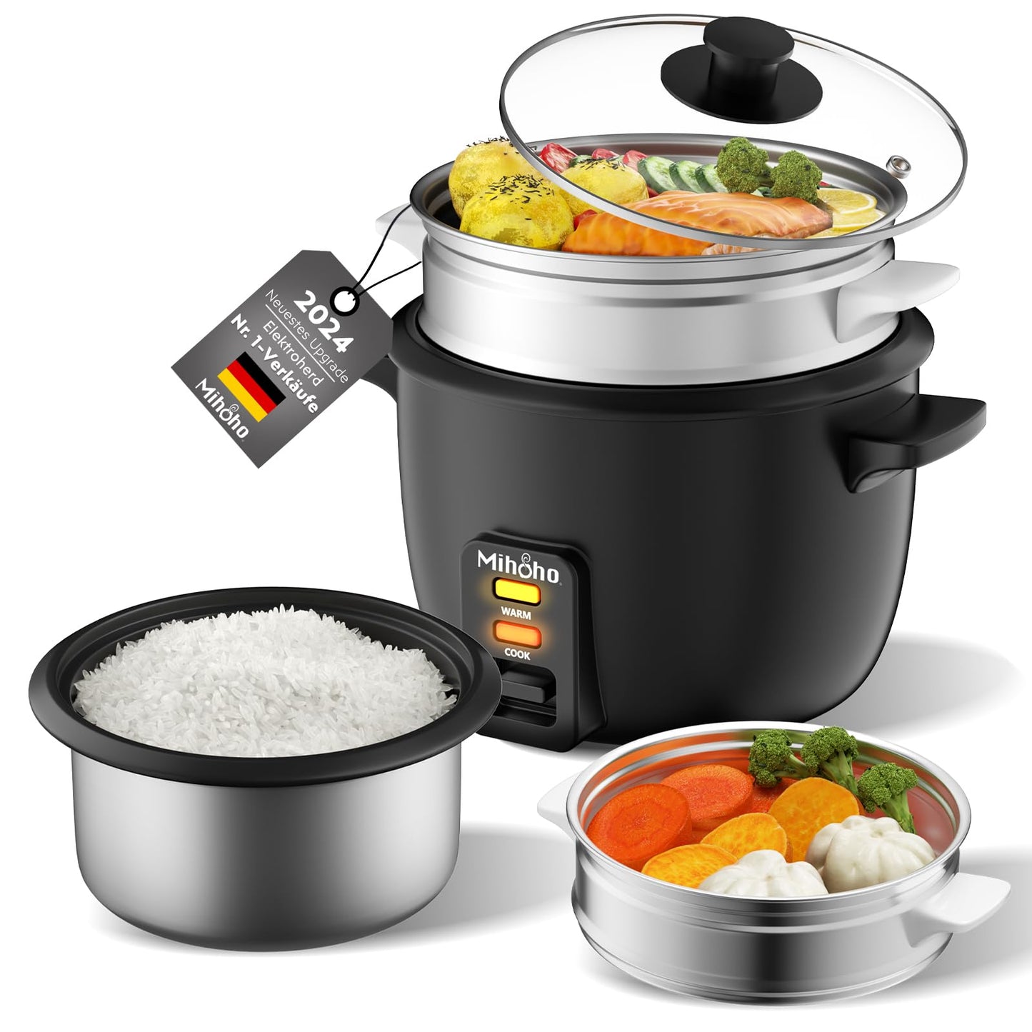 Reiskocher 2L, elektrischer Reiskocher Edelstahlschüssel mit Glasdeckel, Warmhaltefunktion |Dampfgarfunktion ,inkl Dämpfeinsatz, Löffel, Messbecher (schwarz A)