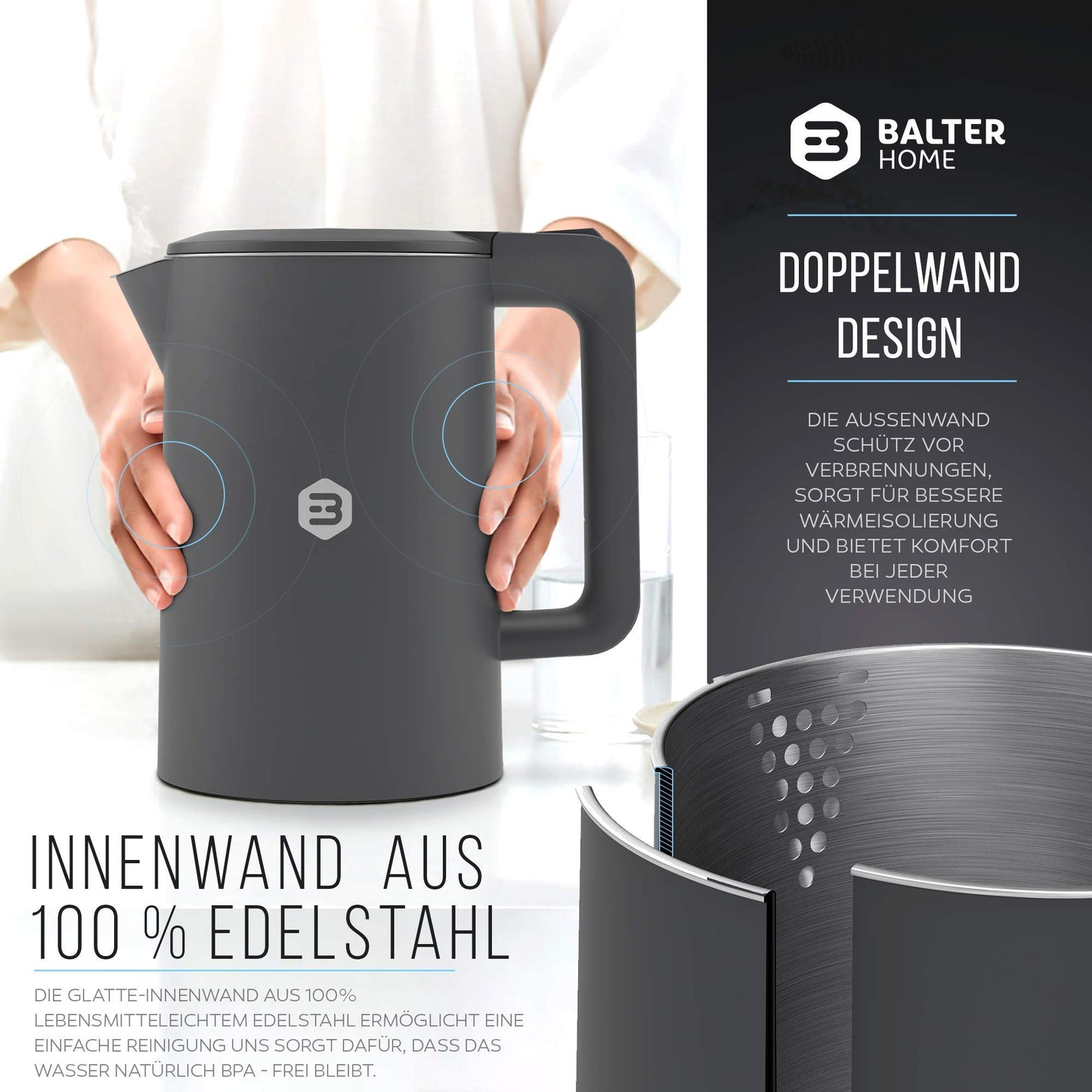 Balter Wasserkocher Edelstahl WK-4, 1,7 Liter, elektrischer Wasserkocher, Doppelwand Design, BPA frei, LED, Teekocher Kompakt, leise (Schwarz)