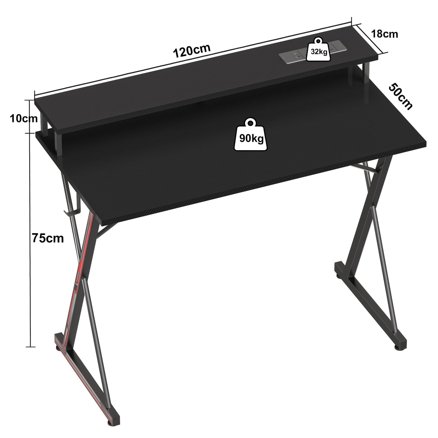 BEXEVUE Gaming Schreibtisch mit Steckdosenleiste LED – 100x50 cm Ergonomic Computer Gamer Tisch, Großer PC Monitorständer, Moderner X Rahmen, Kopfhörerhaken, Studium Arbeit Zuhause Schlafzimmer